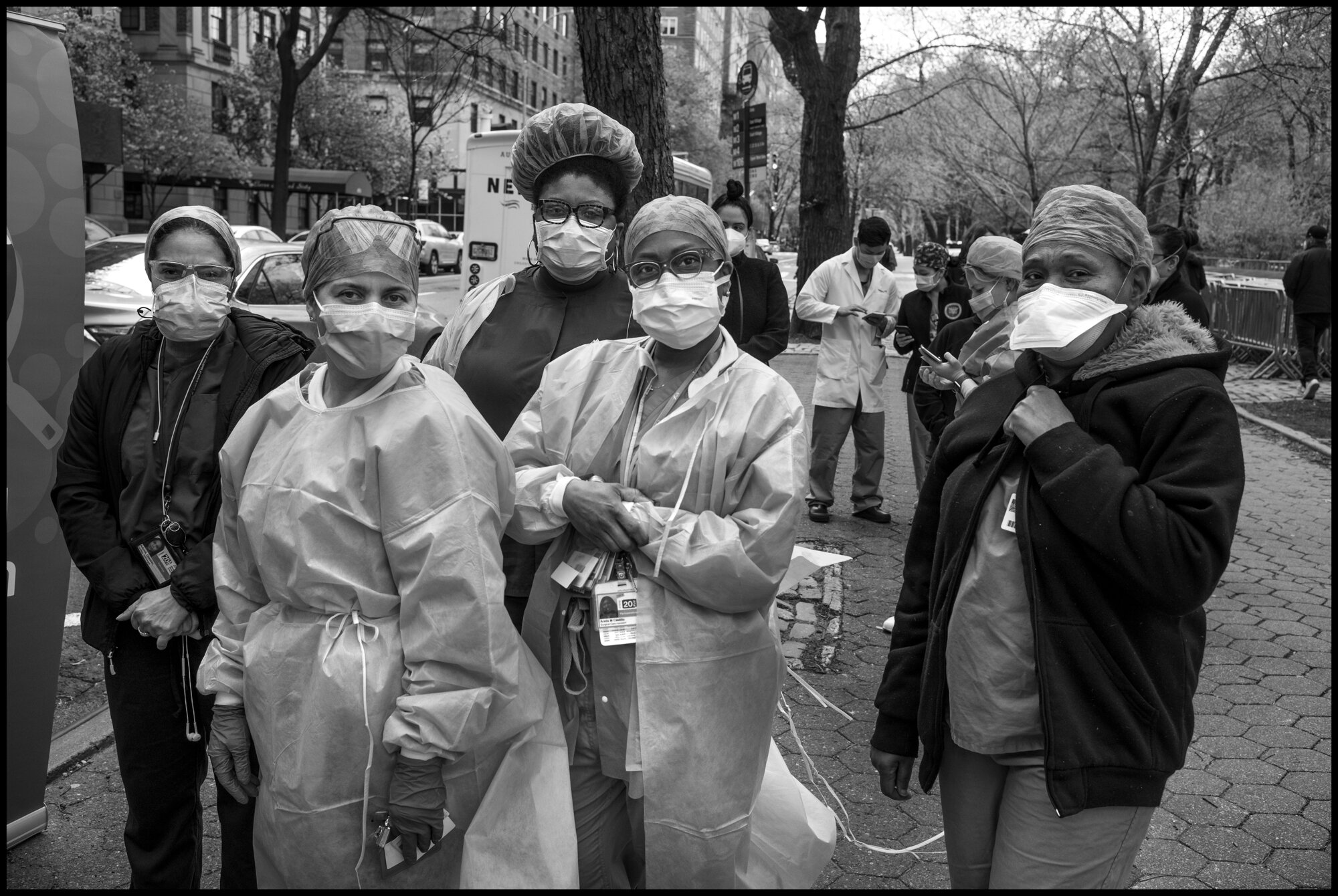  Antonia, Alicia, Arelis, and Jellene are nurses, all involved in treating coronavirus patients at Mount Sinai Hospital in New York.   April 17, 2020. © Peter Turnley  ID# 23-004 