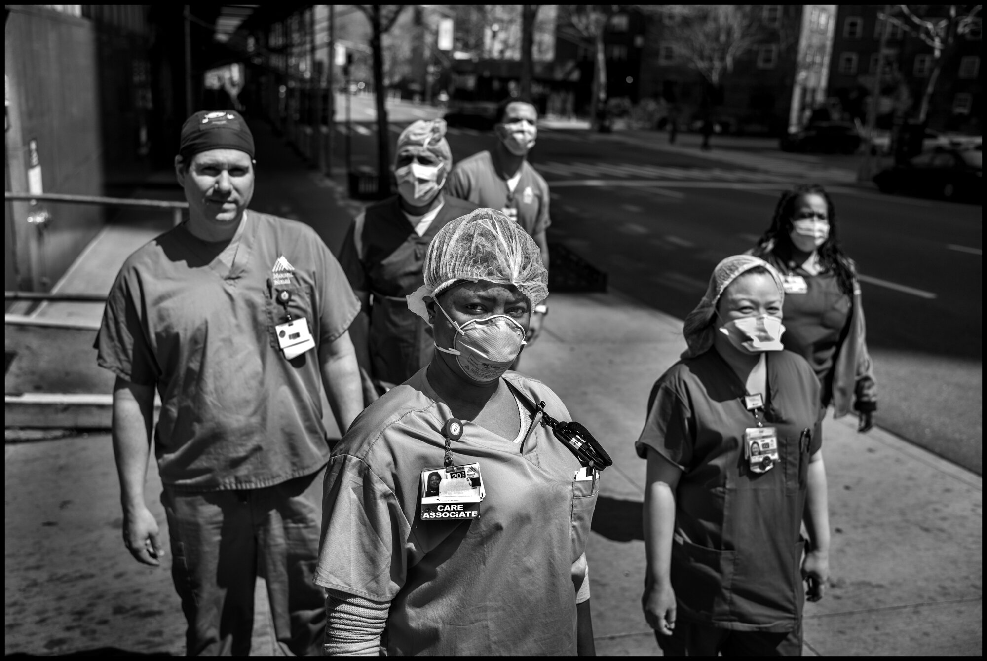  Cleo, Clara, Mariana, Richard and Mike are all are healthcare workers at Mount Sinai Hospital currently working with Covid-19 patients. One commented “it is a very scary-sad situation”.   April 19, 2020. © Peter Turnley  ID# 26-003 