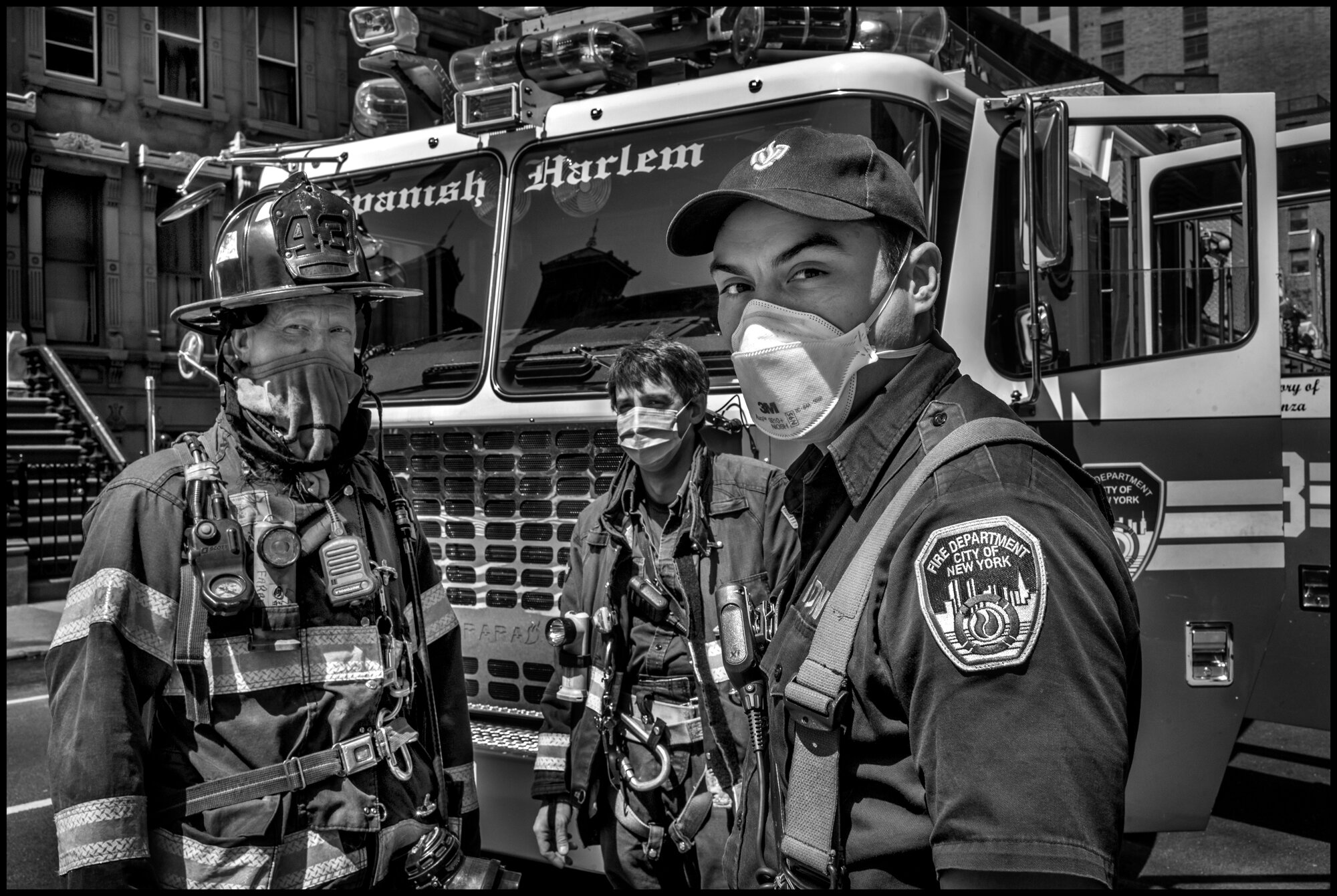  Firemen from with FDNY 43 Truck “El Barrio’s Bravest” in Spanish Harlem.  April 19, 2020. © Peter Turnley  ID# 26-012 