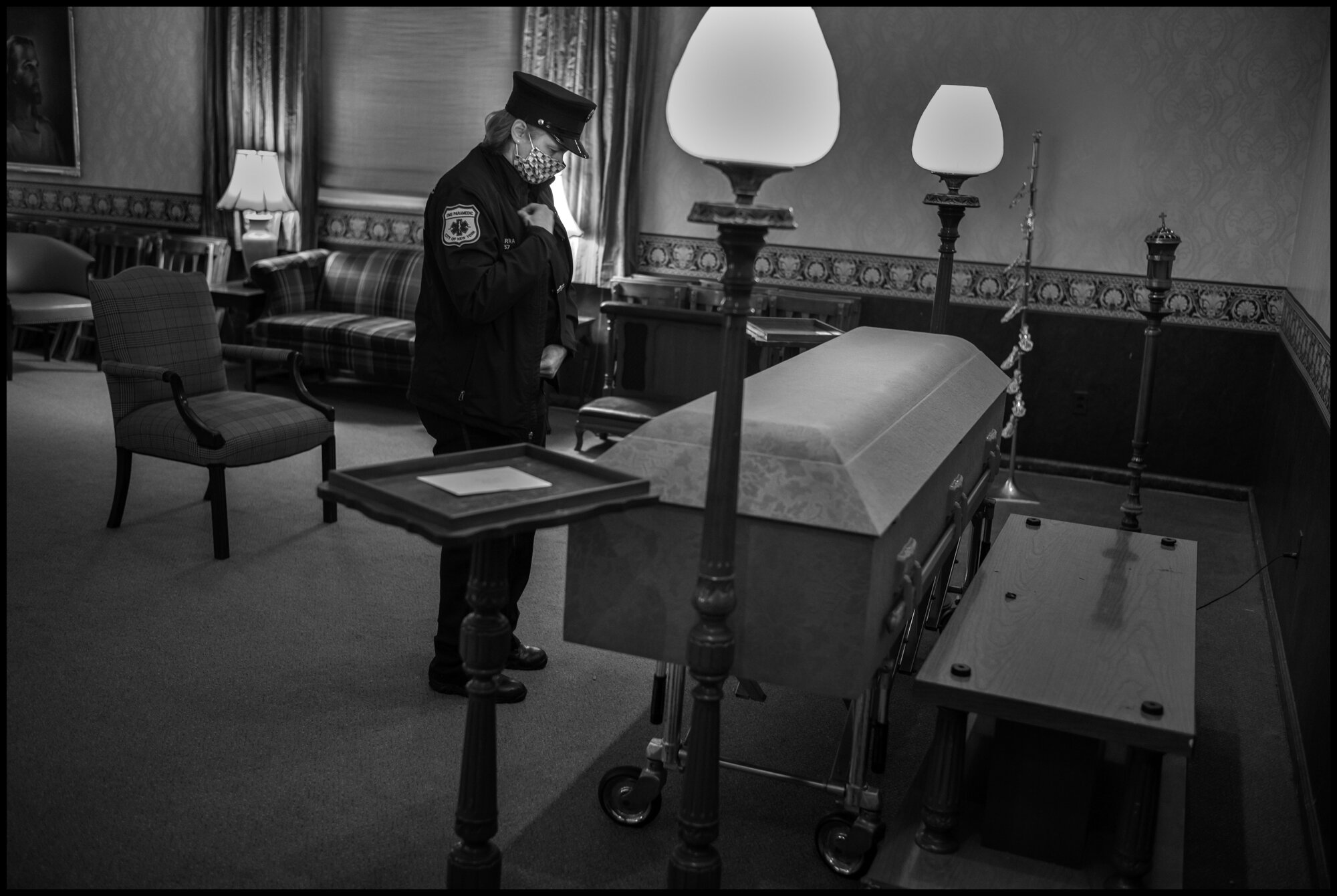  A funeral ceremony for Anthony “Tony” Thomas-a legendary Paramedic in the New York City area, who died of Covid-19 related causes. Bay Ridge, Brooklyn, New York.  April 30, 2020. © Peter Turnley.   ID# 32-008 