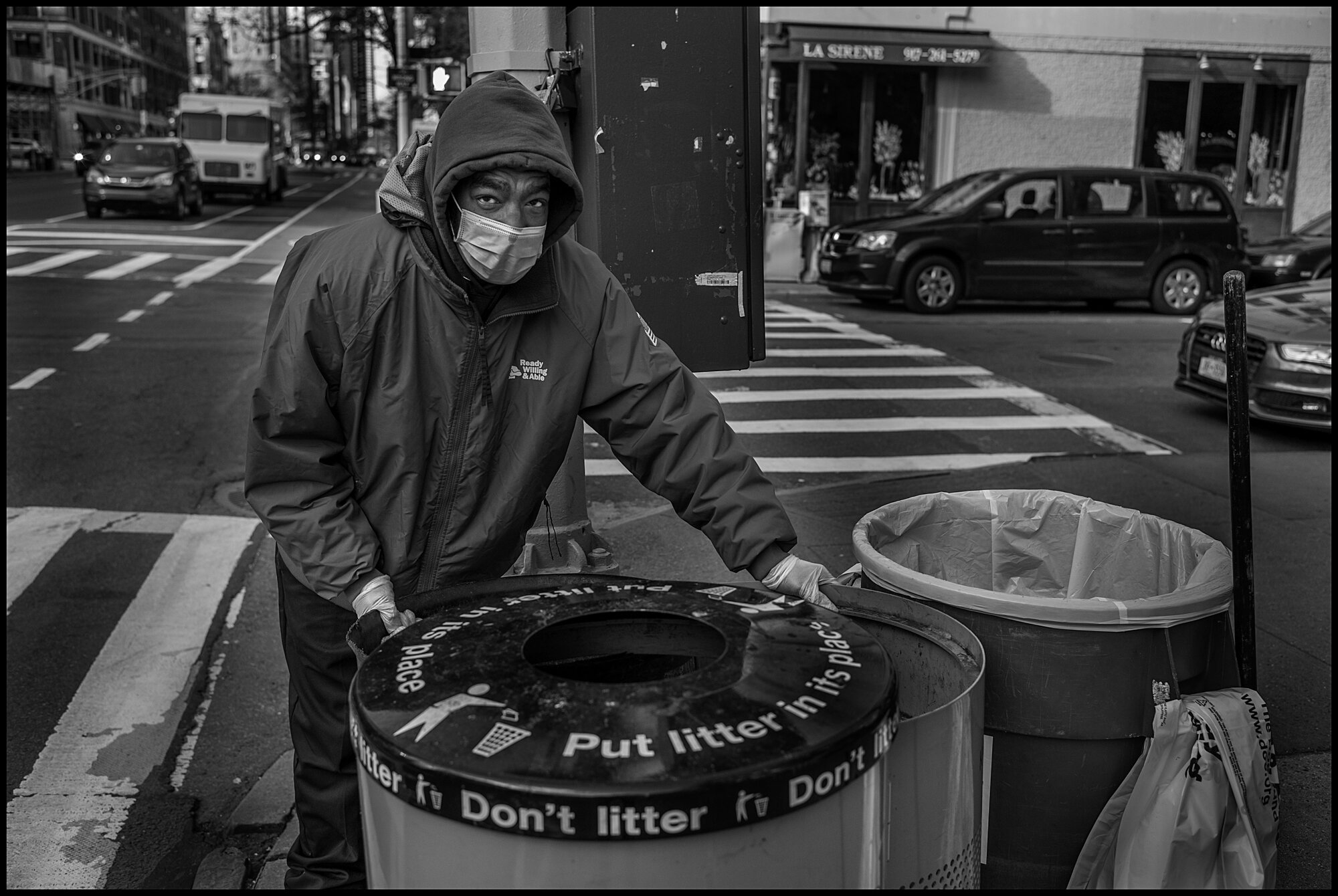  When I started my day, I went out to get a coffee at a local store, and came across, Alex, 52, from Brooklyn, who works for GoFundMe, and cleans the streets of New York and takes care of picking up the trash from the trash bins on city street corner