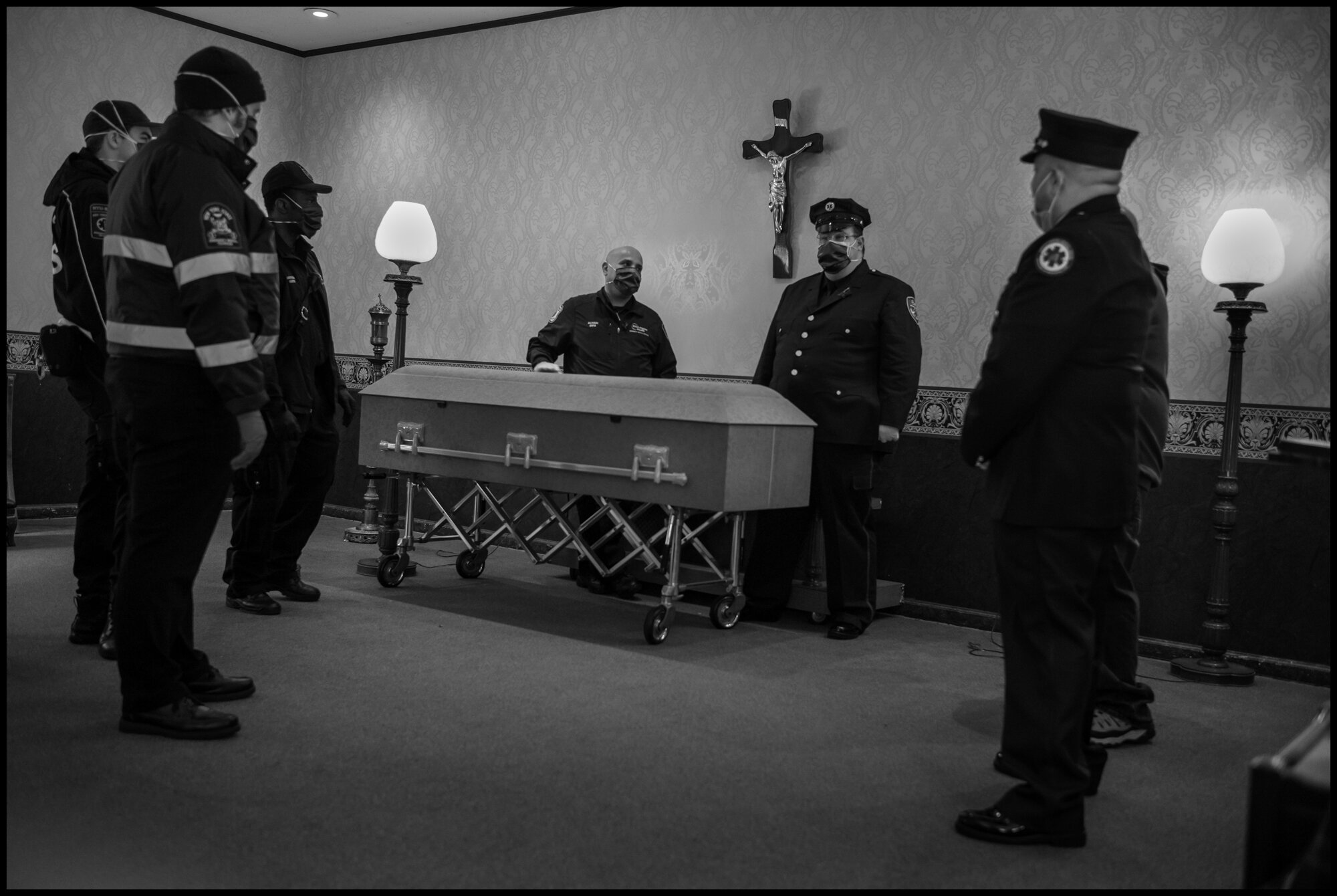  A funeral ceremony for Anthony “Tony” Thomas-a legendary Paramedic in the New York City area, who died of Covid-19 related causes. Bay Ridge, Brooklyn, New York.  April 30, 2020. © Peter Turnley.   ID# 32-012 