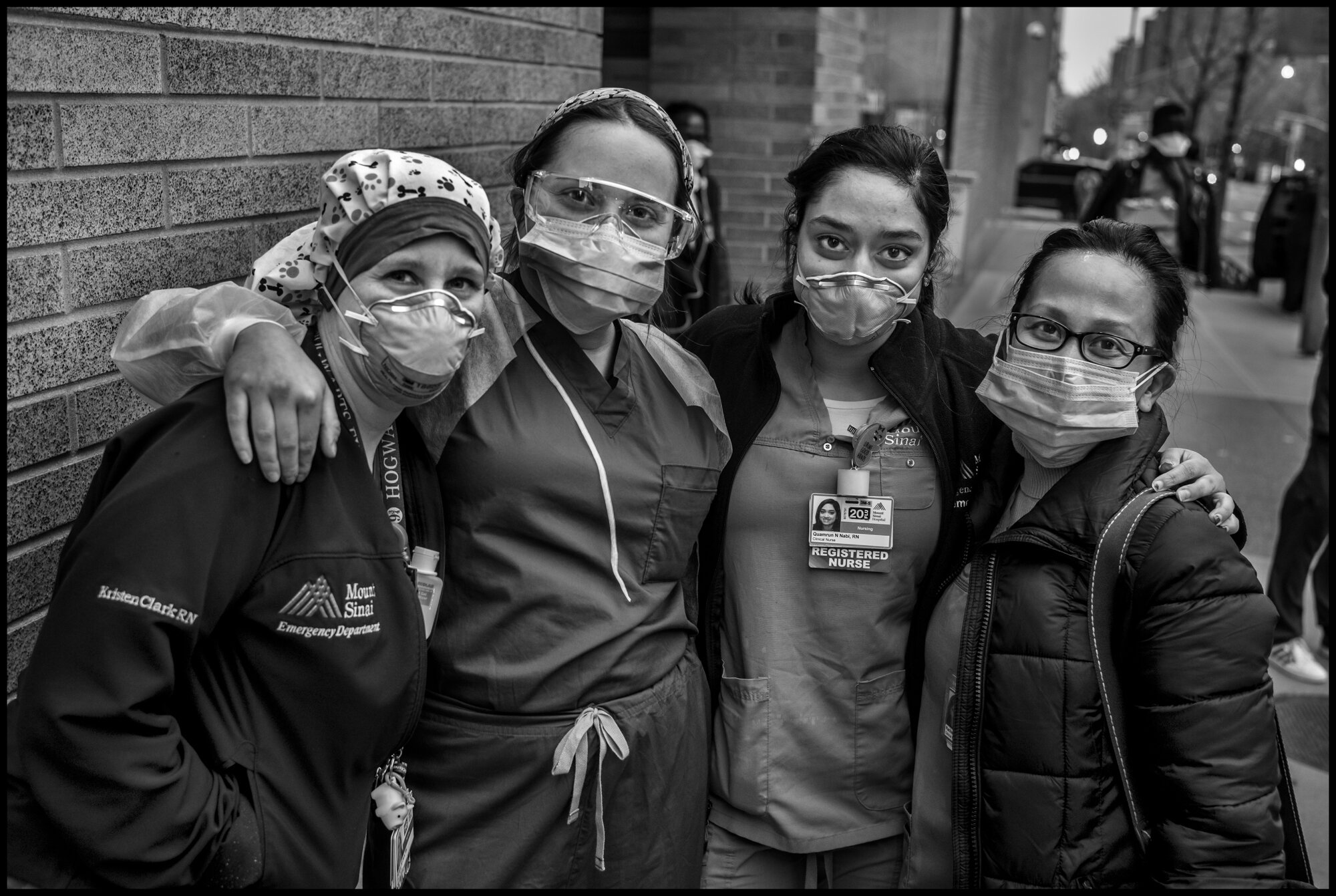  Bella, Kristen, Cameron, and Rachel are all nurses at Mount Sinai, Hospital currently working with coronavirus patients. They stood outside the hospital at 7pm as the firemen from FDNY Truck 43 “El Barrio’s Bravest”, cheered and applauded their grat