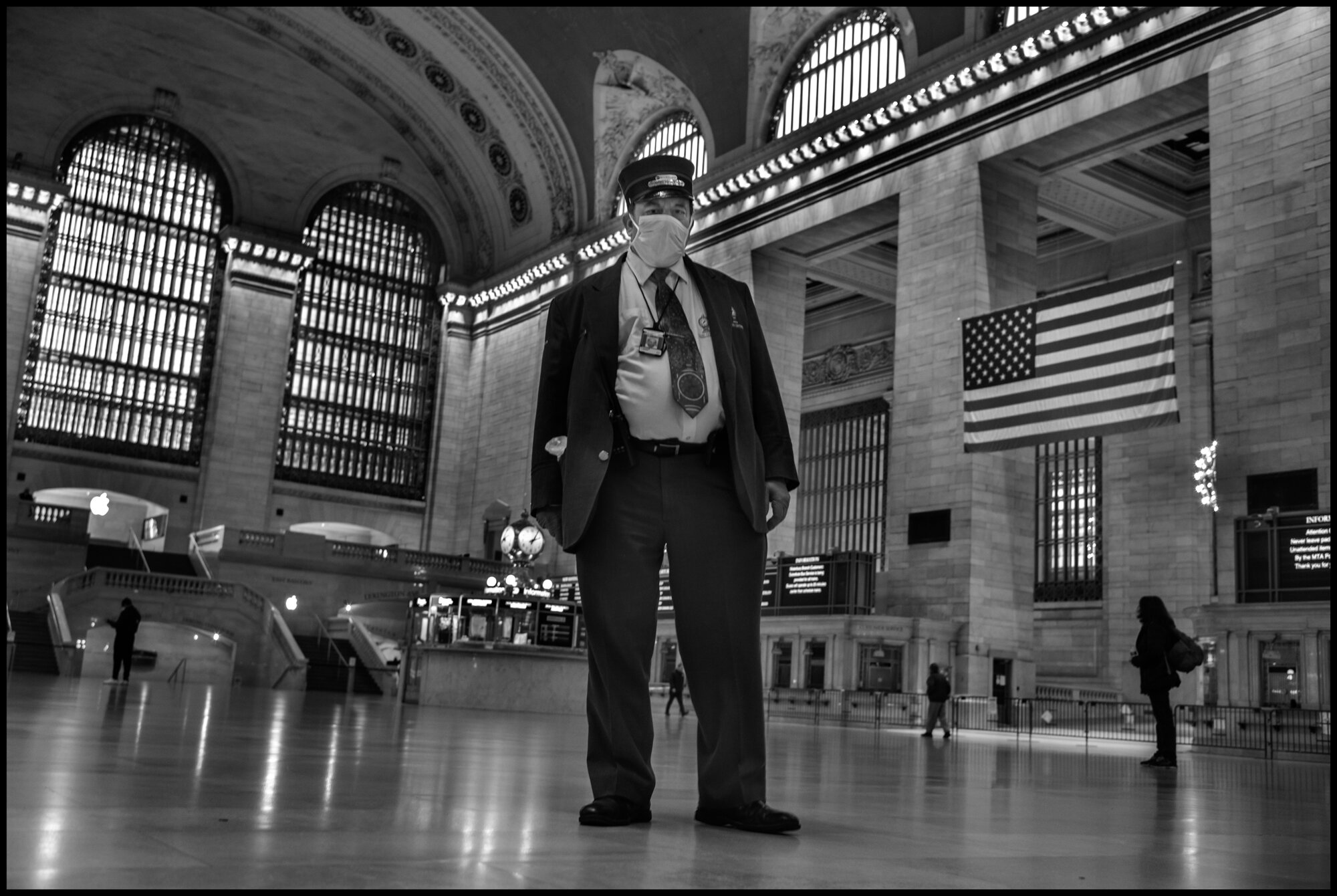  Larry, 57, a customer service worker for Metro North, with 28 years on the job, stood alone in the main Hall. He travels each day 4 hours to and from Connecticut for his job. “It’s been a ghost town since the beginning if this. I ride like I always 