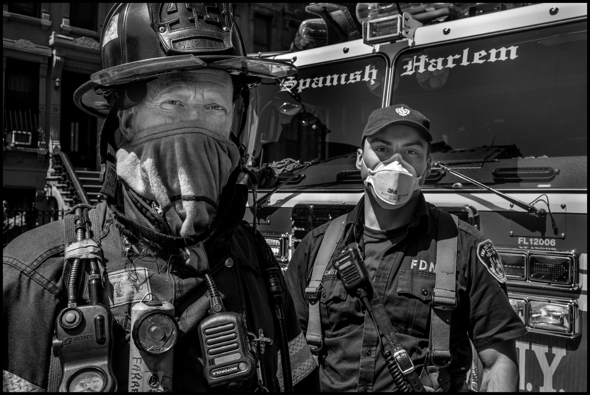  Firemen from with FDNY 43 Truck “El Barrio’s Bravest” in Spanish Harlem.  April 19, 2020. © Peter Turnley.   ID# 26-010 