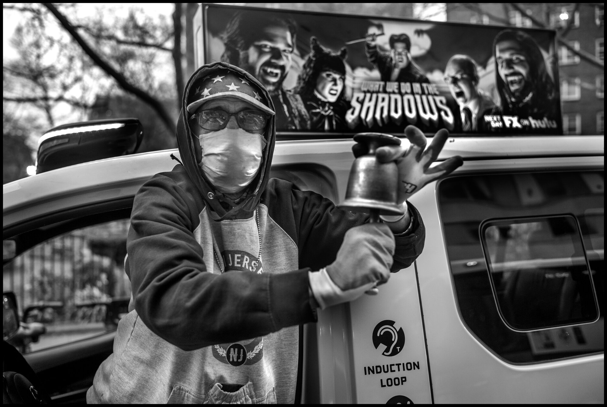  A taxi driver stopped his taxi in front of Mount Sinai Hospital at 7pm and joined in with applause and cheering at 7pm to thank all of the hospital workers at Mount Sinai Hospital.  April 19, 2020. © Peter Turnley.   ID# 26-006 