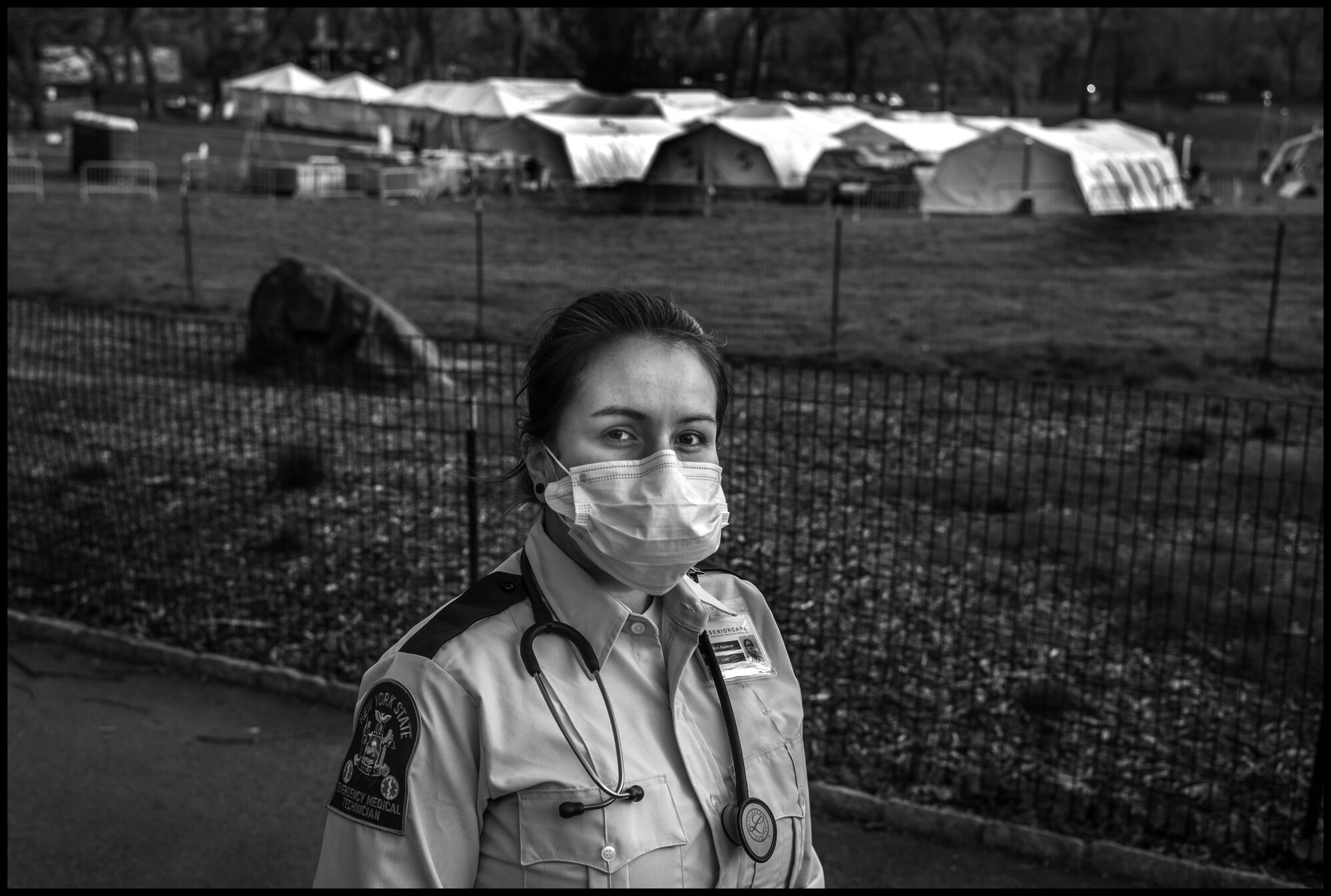  Earlier-an ambulance was pulling out of the tent hospital area and I met Karolyne, an EMT, originally from Brazil. She and her colleague had just delivered to the field hospital a Covid-19 patient from Queens. She told me most of the calls her ambul