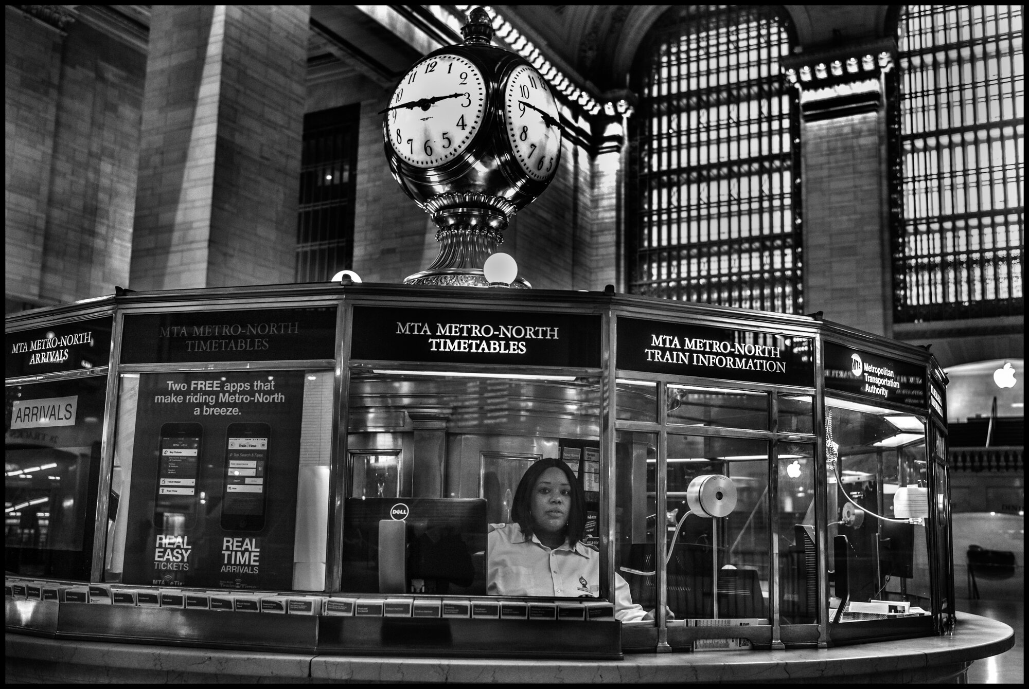  At the information both in the center of the main hall of the station, sat, “D”. She told me she is very scared of her commute to work-which is an hour and a half each way to and from New Jersey. She says she feels safe inside the bubble of her info