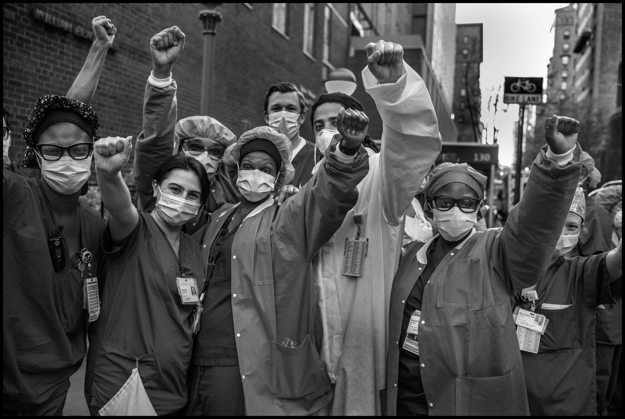  A group of ICU nurses from Lenox Hill Hospital.   May 3, 2020. © Peter Turnley.   ID# 36-003 