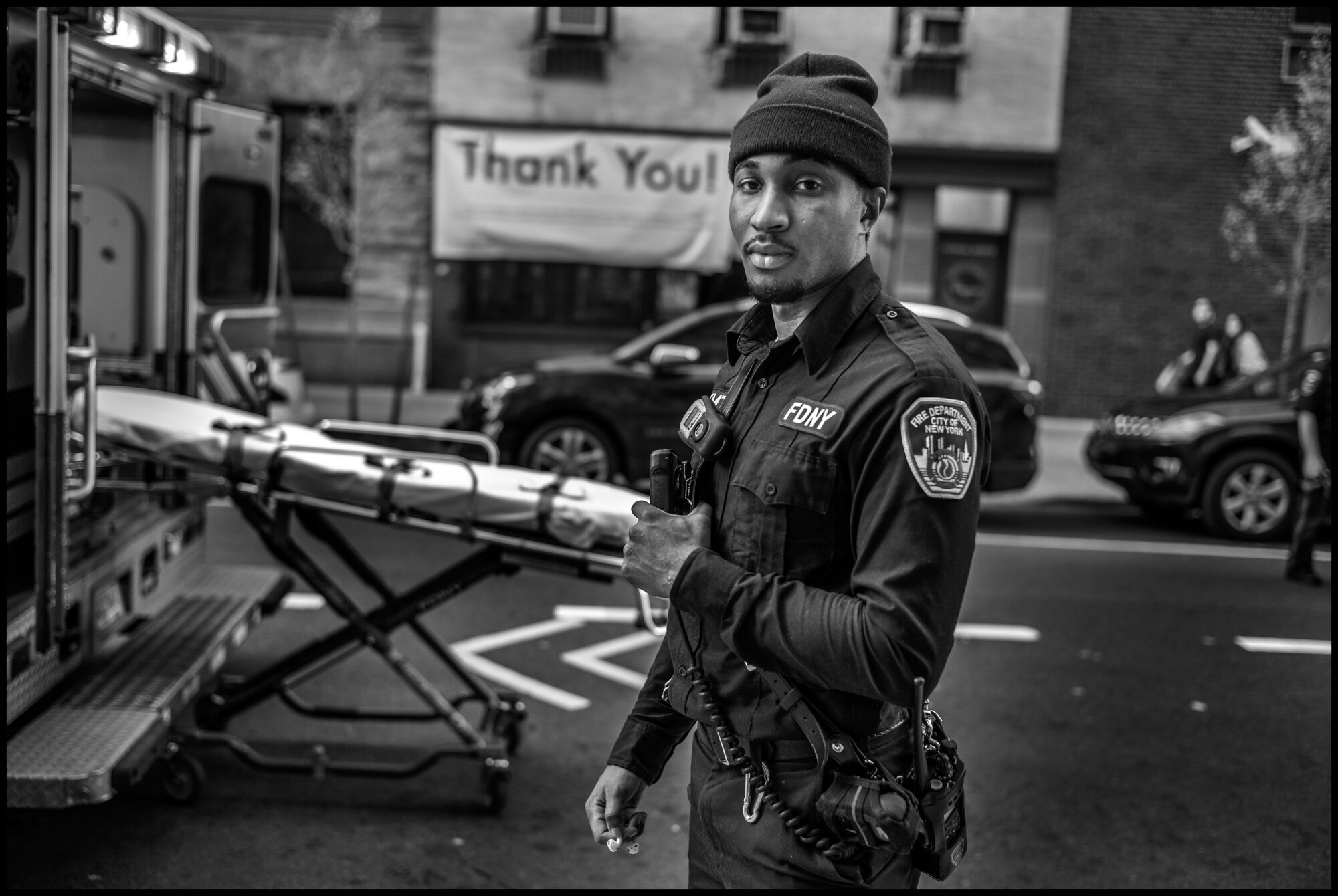  Darren. 28, and EMT for 3 years with the New York Fire Dept. “We just keep going. People are now starting to understand what we do-and they only call for emergencies. I’ve picked up 20 vivid patients. You get numb with all of this-I try to work out.