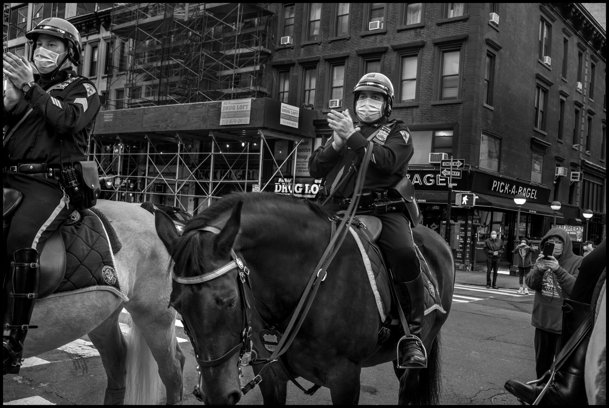  New York policemen on horses at 7pm.   May 1, 2020. © Peter Turnley.   ID# 36-016 