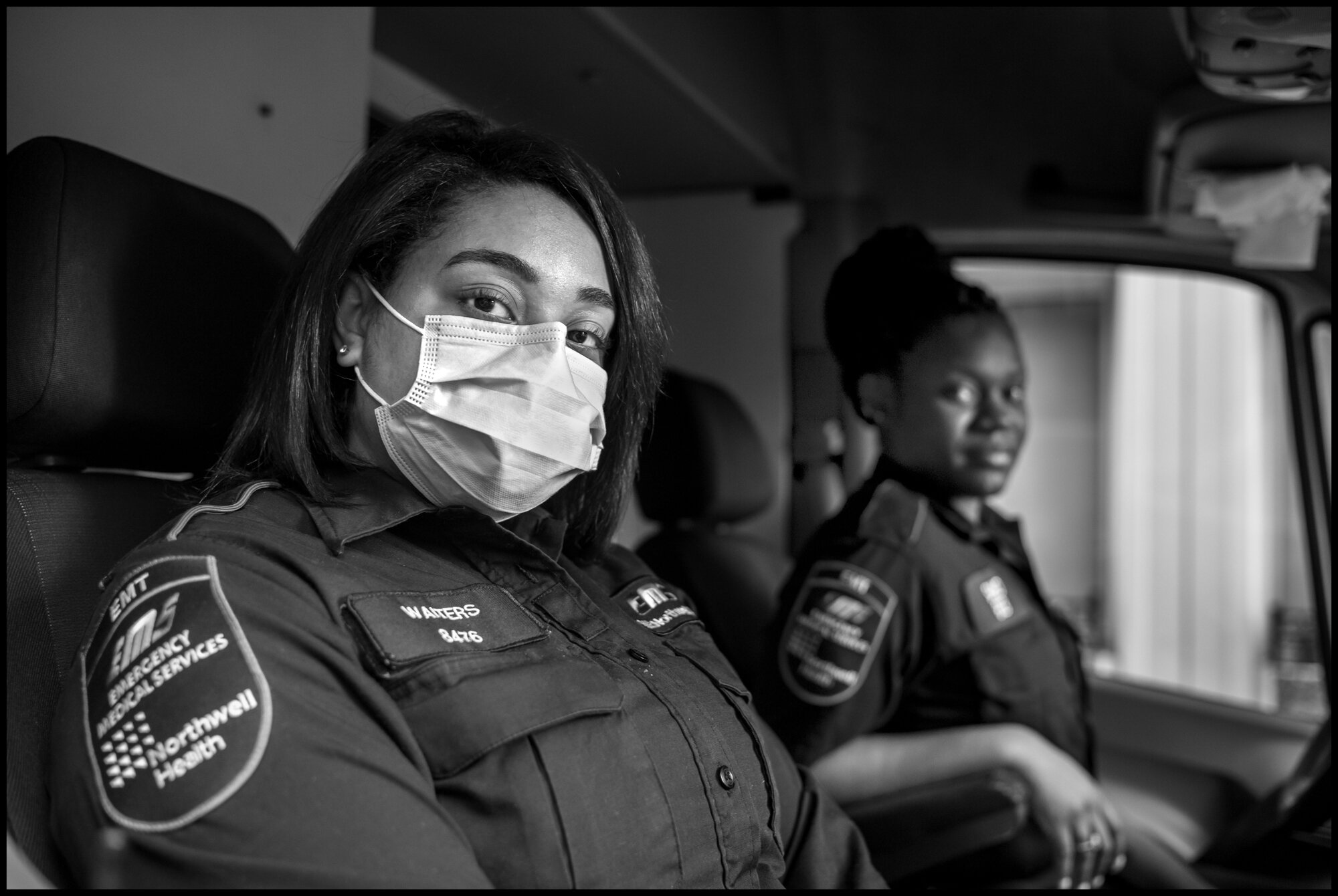  Two EMTs, Amani, and Shakia, outside of Lenox Hill Hospital.  May 2, 2020. © Peter Turnley.   ID# 36-028 