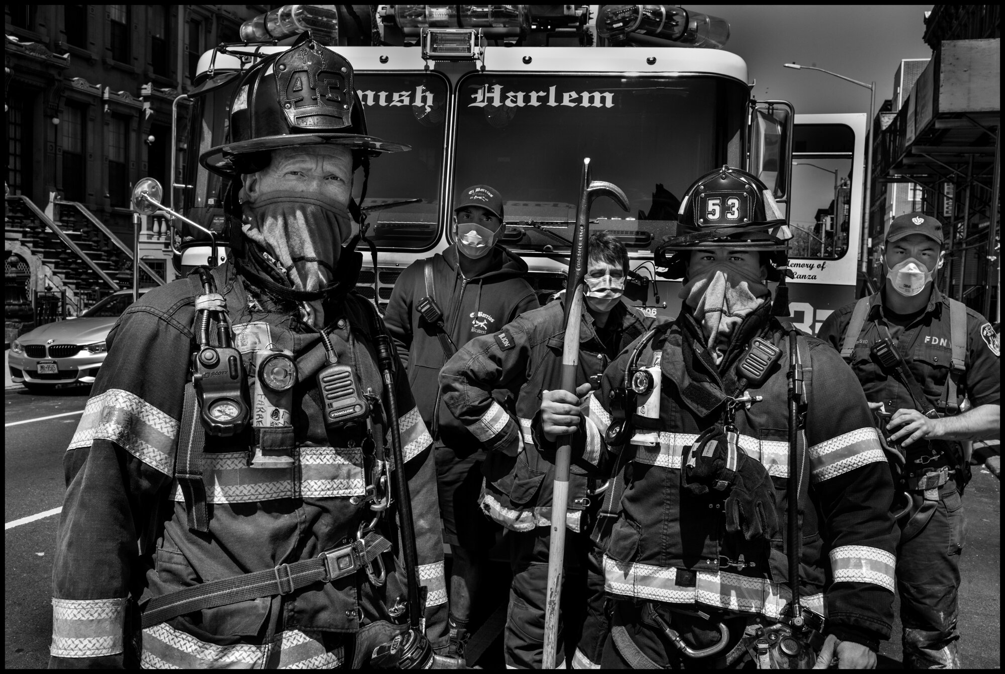  Firemen from with FDNY 43 Truck “El Barrio’s Bravest” in Spanish Harlem.  April 19, 2020. © Peter Turnley.  ID# 26-015 