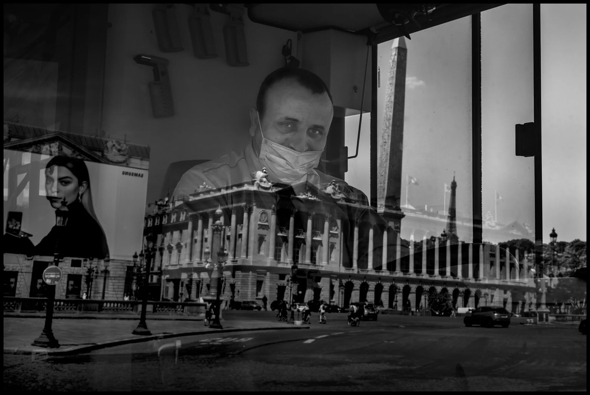  Mustafa, bus driver, Place de la Concorde. Paris.  May 26, 2020. © Peter Turnley.  ID# P04-002 