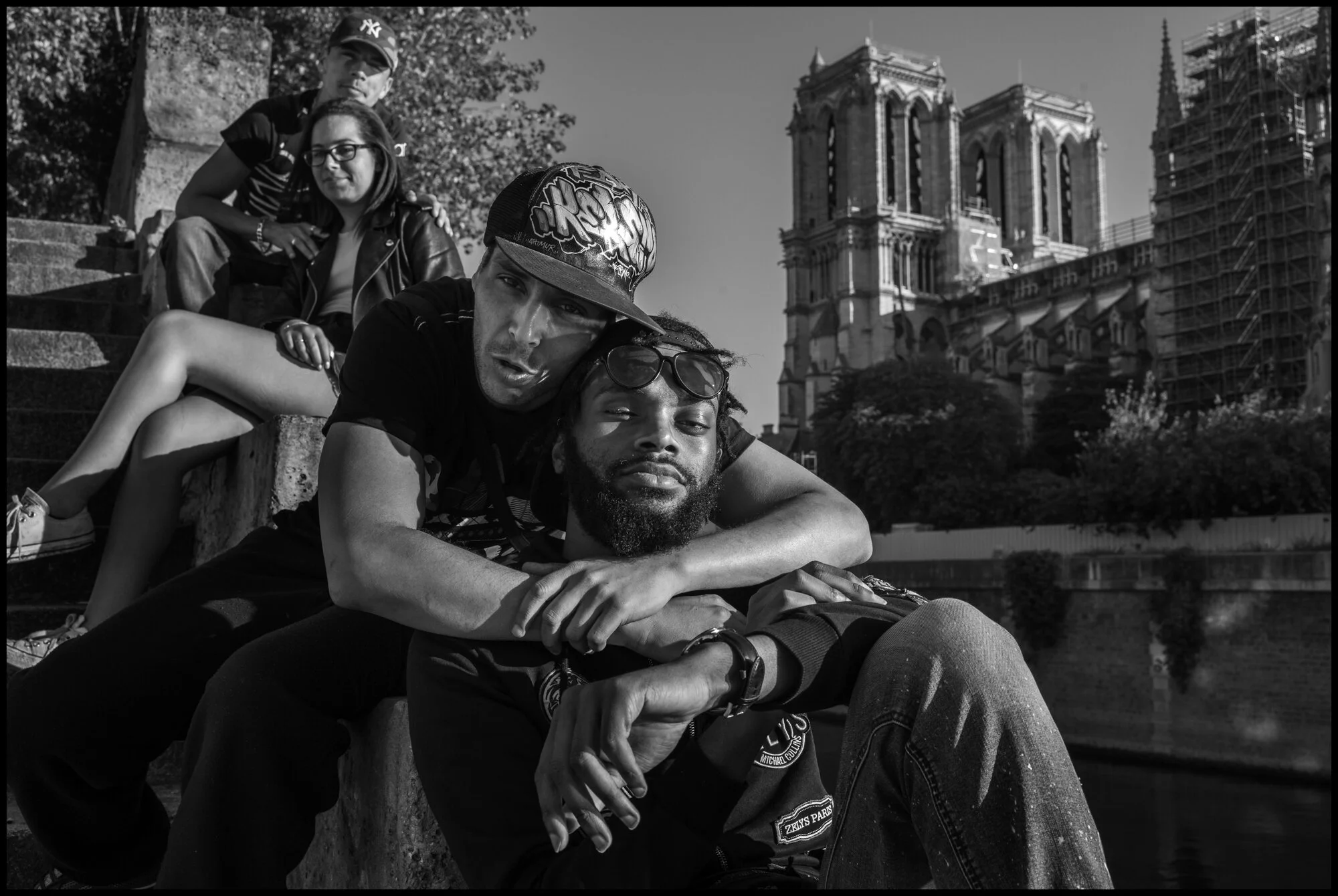  Habit, Steven, Julien and Ines, next to Notre-Dame.  June 2, 2020. © Peter Turnley.   ID# P13-003 