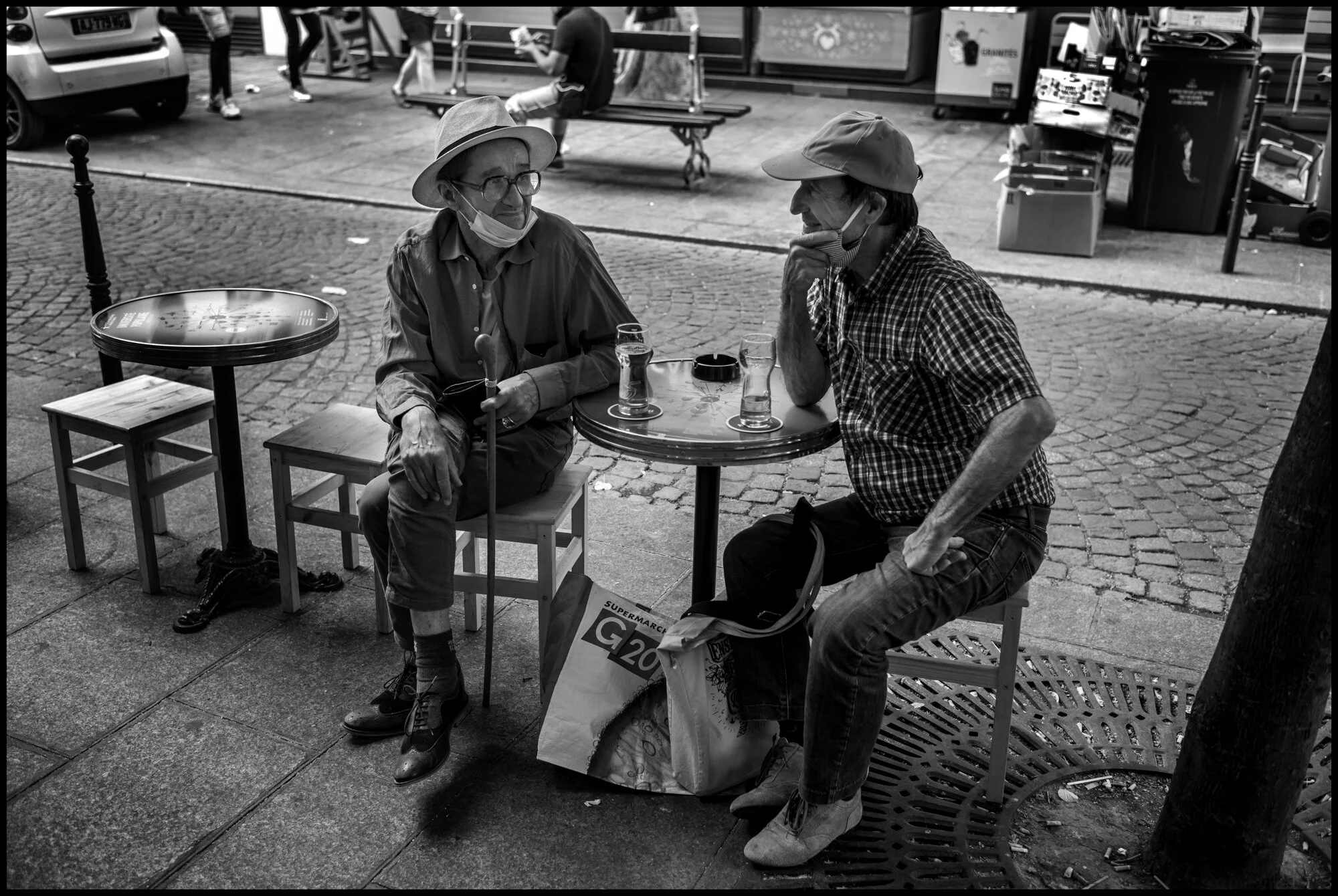  Jean-Michel and Jean-Claude, Les Halles, Paris.  June 2, 2020. © Peter Turnley.   ID# P13-015 