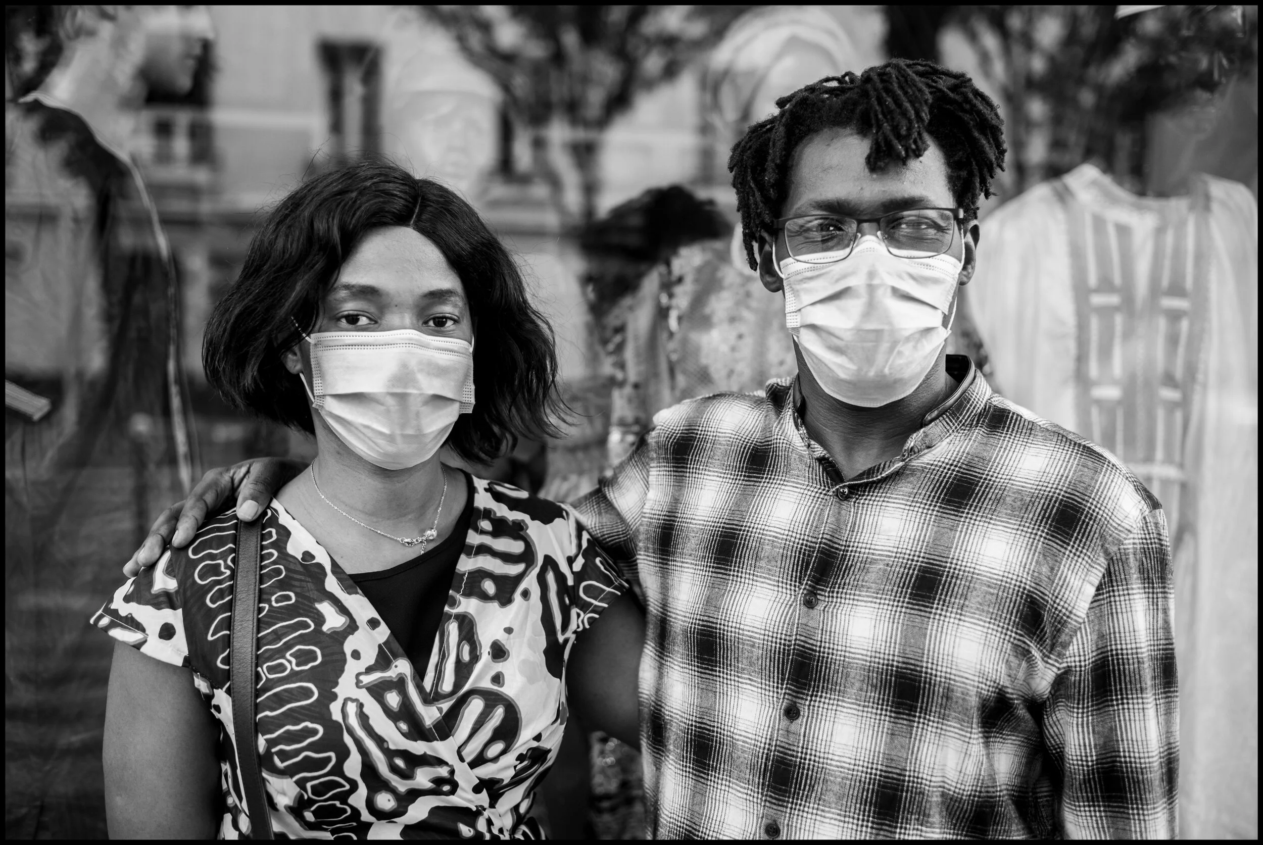  The owner and assistant of a wedding dress shop “Dubai Couture”, Hossan and Sarah, Boulevard Magenta, Paris.  June 29, 2020. © Peter Turnley.   ID# P47-005 