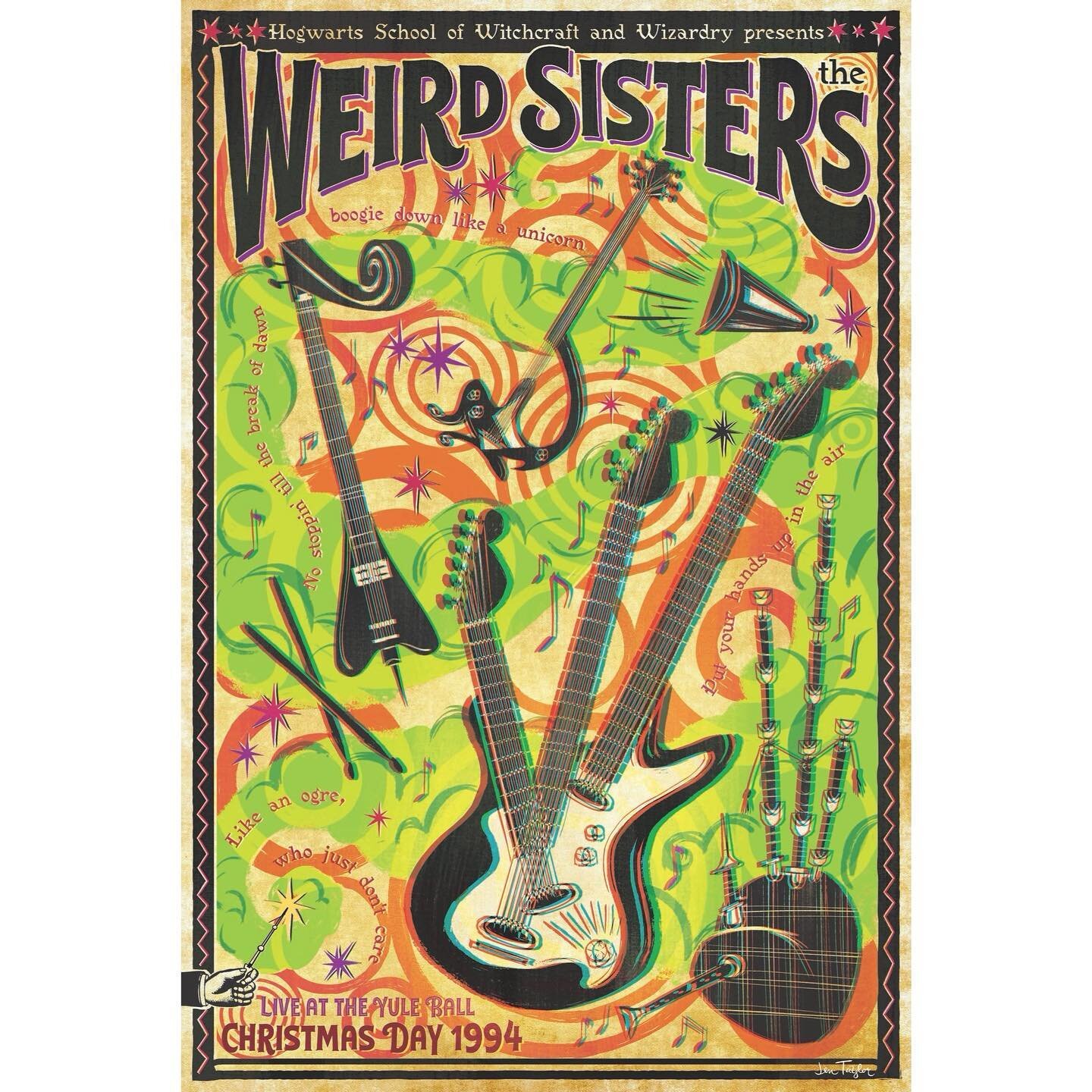 Here is my piece for @galleries1988 Fake Gig Poster Show that opens tonight! Here&rsquo;s a poster for the band that needs no introduction - THE WEIRD SISTERS - live at the Yule Ball!!!! Their instruments fly off the page - BUT if you are a muggle - 