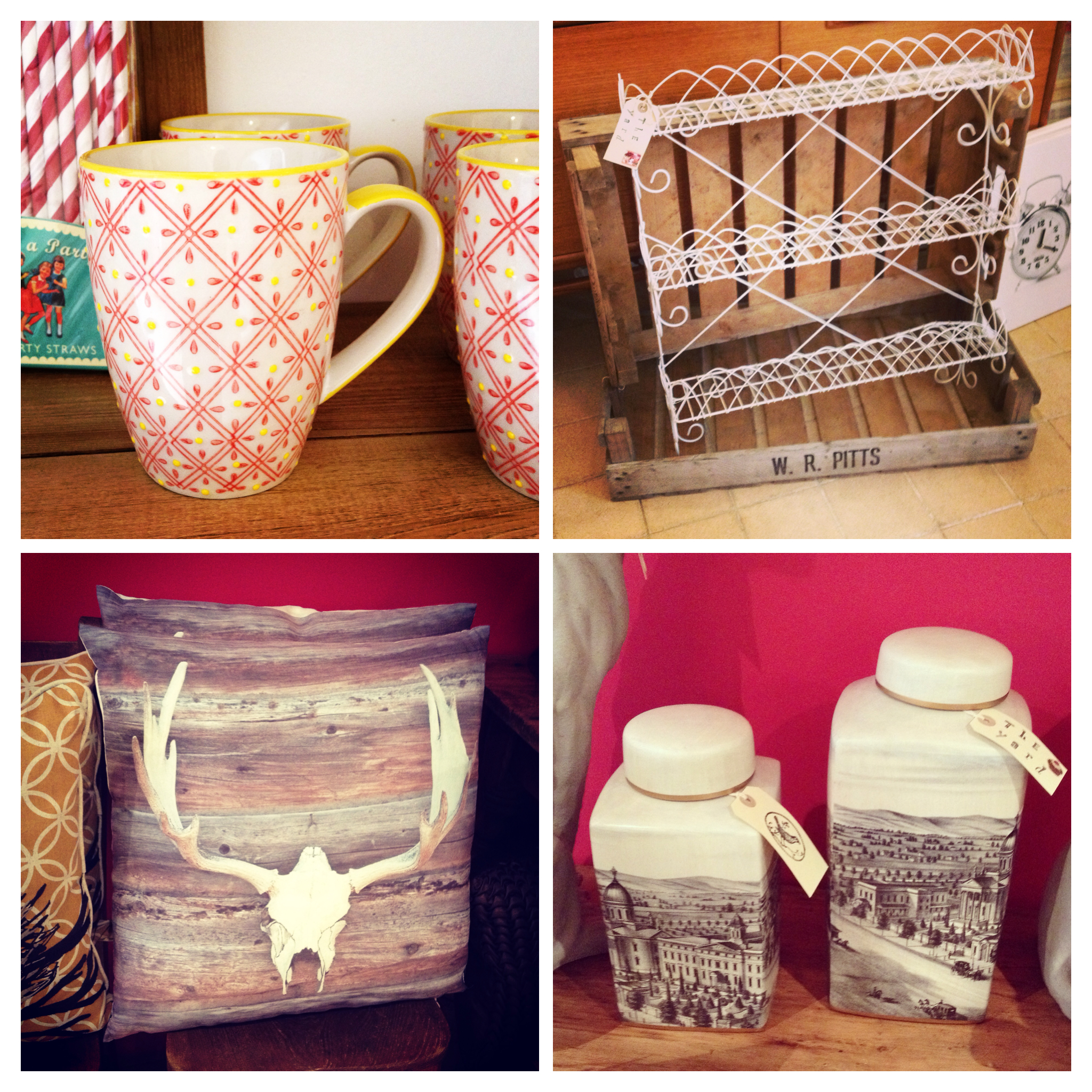 Cheerful mugs, wire wall rack, skull and wood cushion and city scene jars.