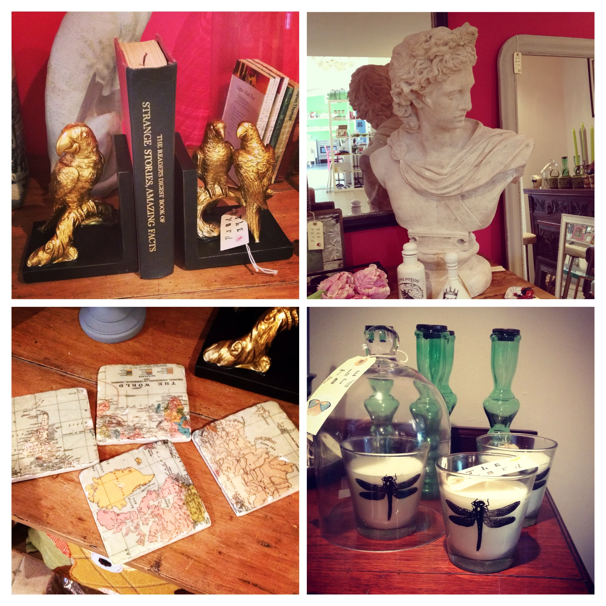 Gold parrot bookends, large Caesar bust, ceramic world map coasters and glass dragonfly candles.