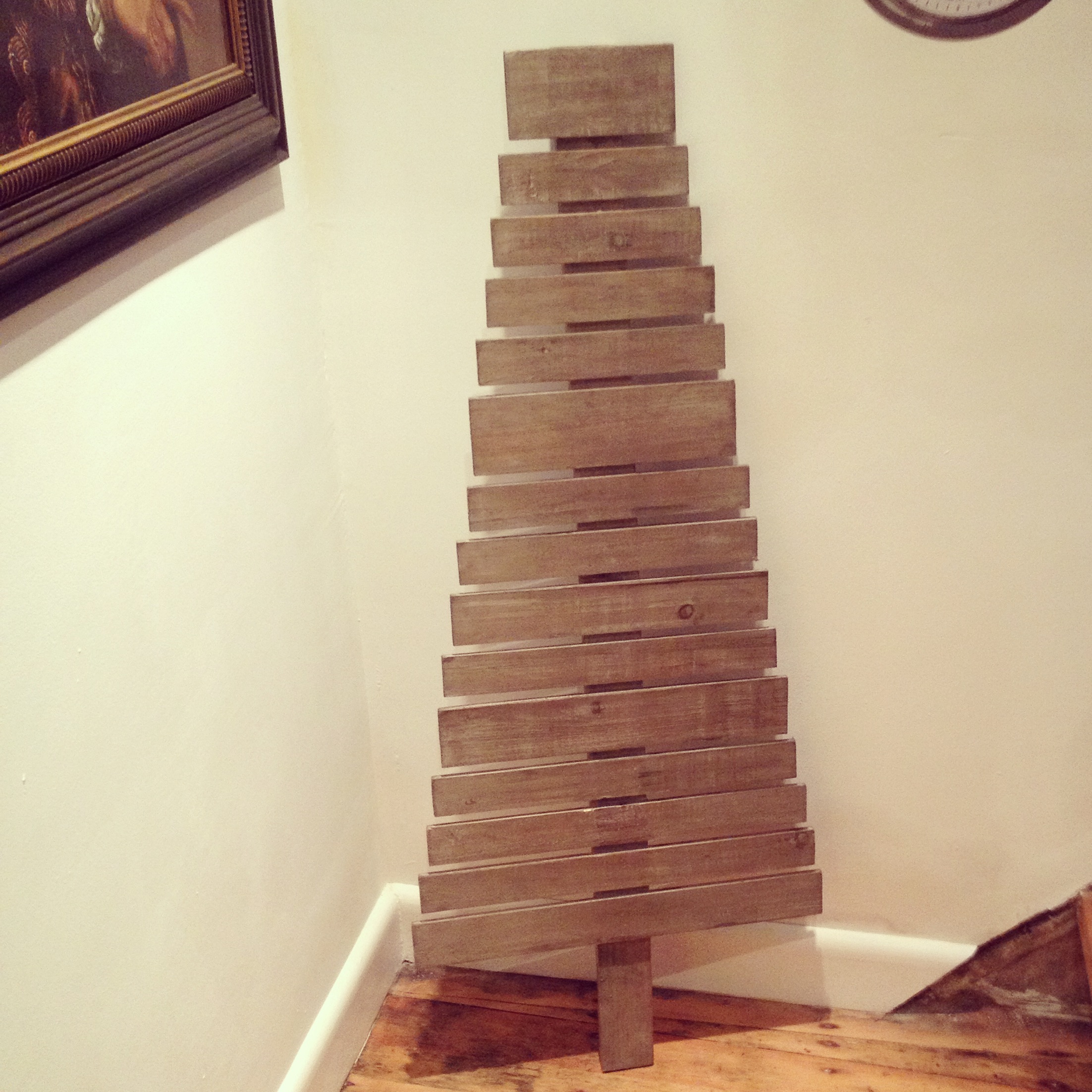 Wooden Christmas tree display, great for decorations in limited space or Christmas cards.