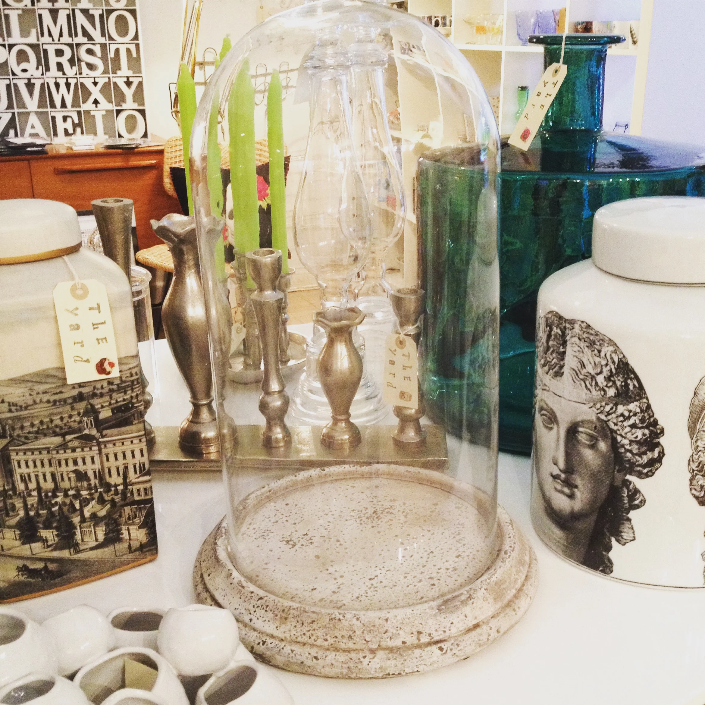 Large glass cloche with ceramic base 