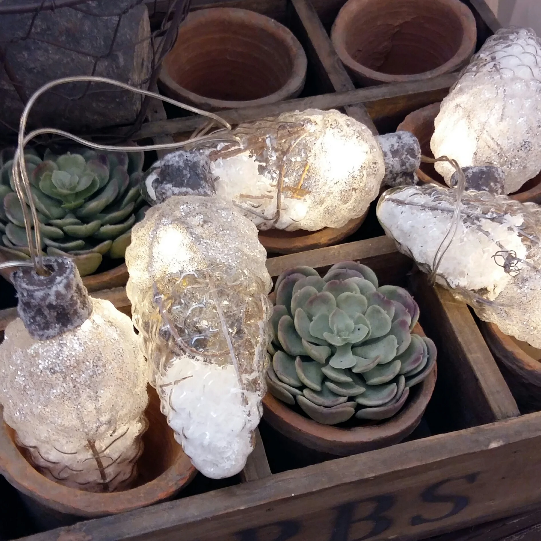 Luxury glass fur cones lights filled with snow, battery operated so can be hung anywhere 