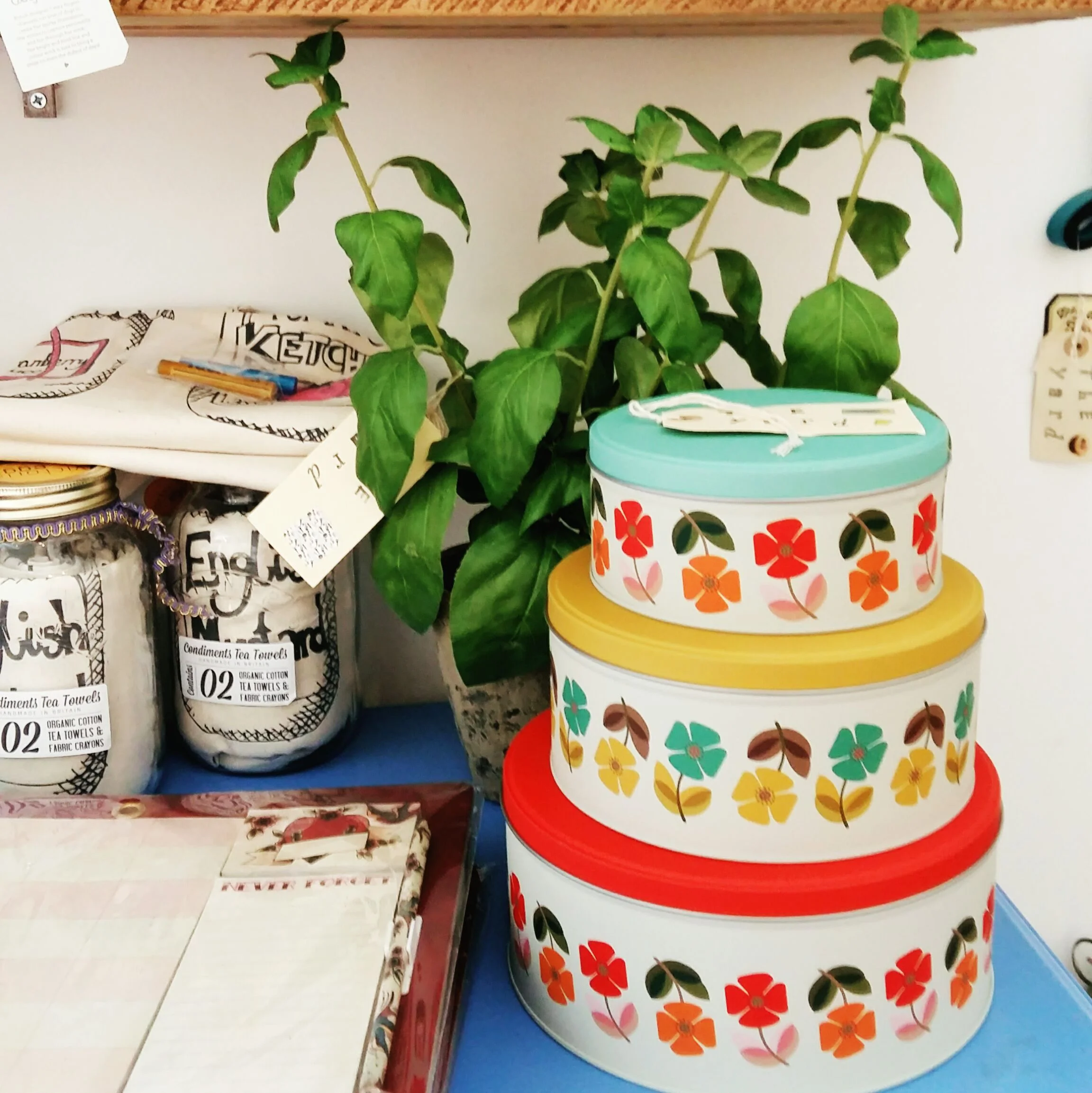 Retro cake tins and faux basil plants
