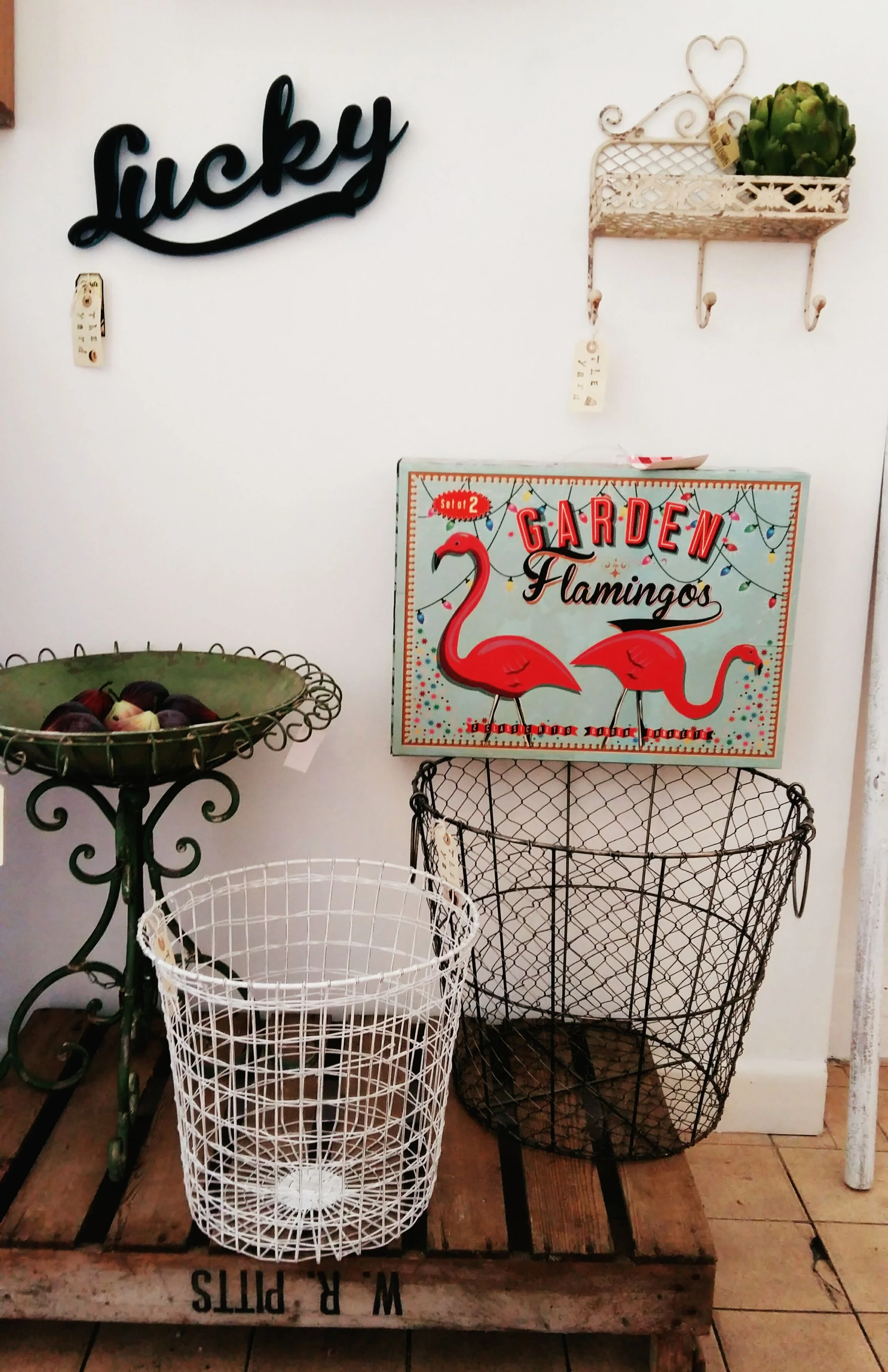 Metal bowl and stand and wire baskets
