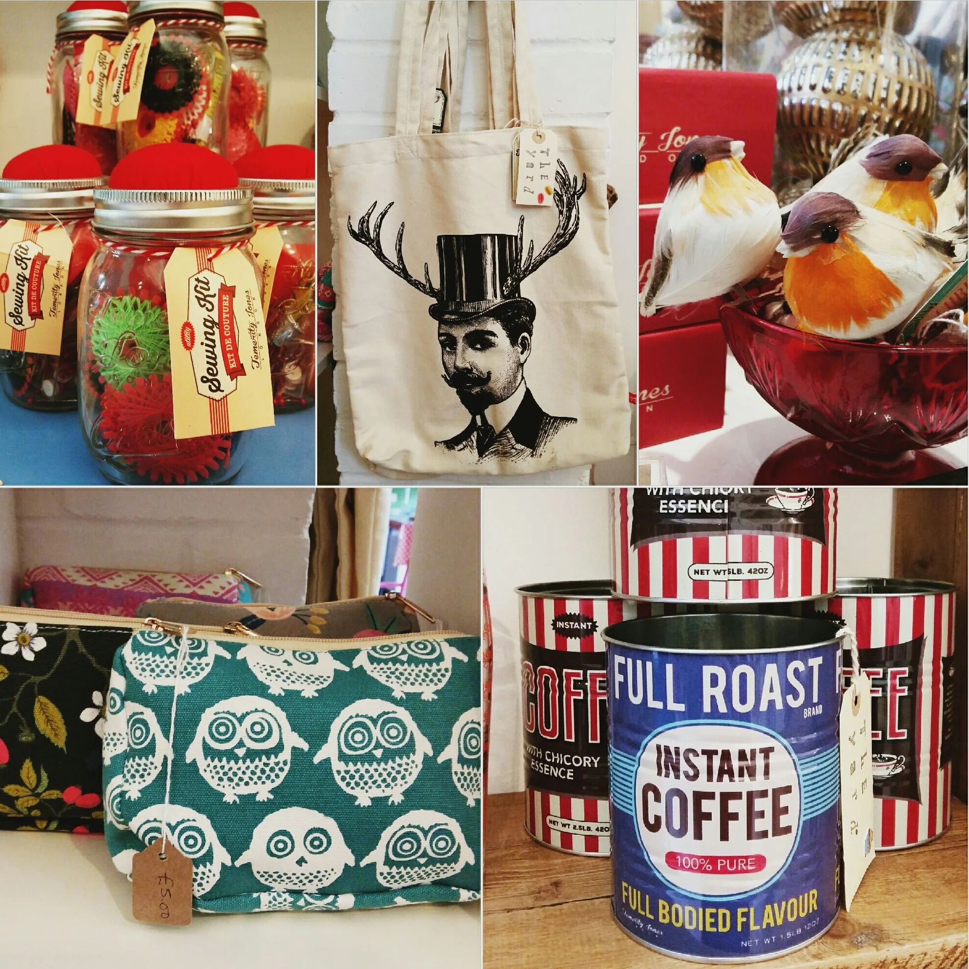 Mason jar sewing kits, quirky tote bag, robin decorations, set of two coffee tins and selection of make up bags.