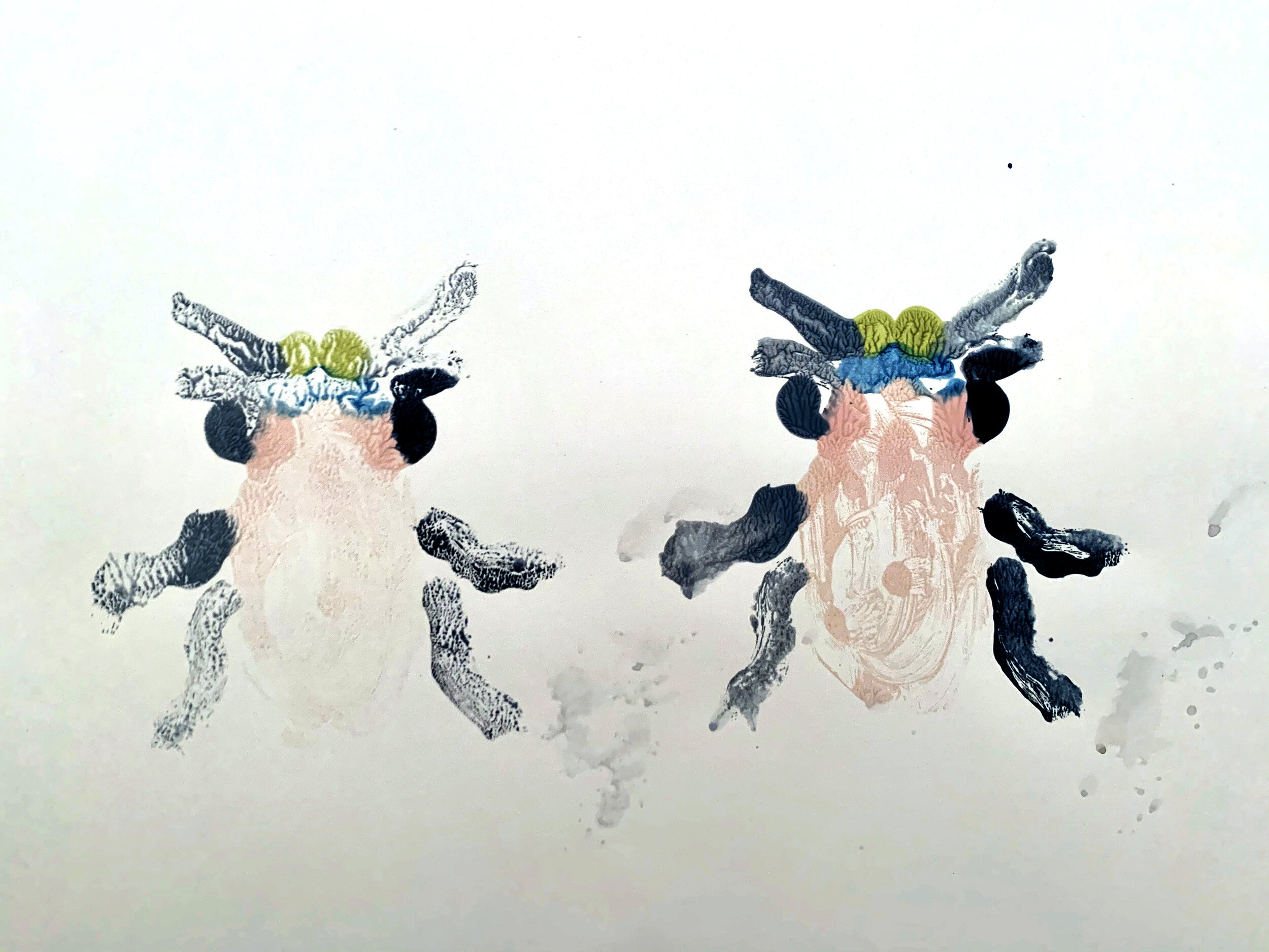 Rainbow Beetle by Sophia. First and Second Print. January 29, 2020. Tempera Print
