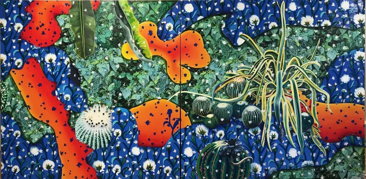 Touchy-Feely oil and print on canvas 35 x 70” (diptych) 2019
