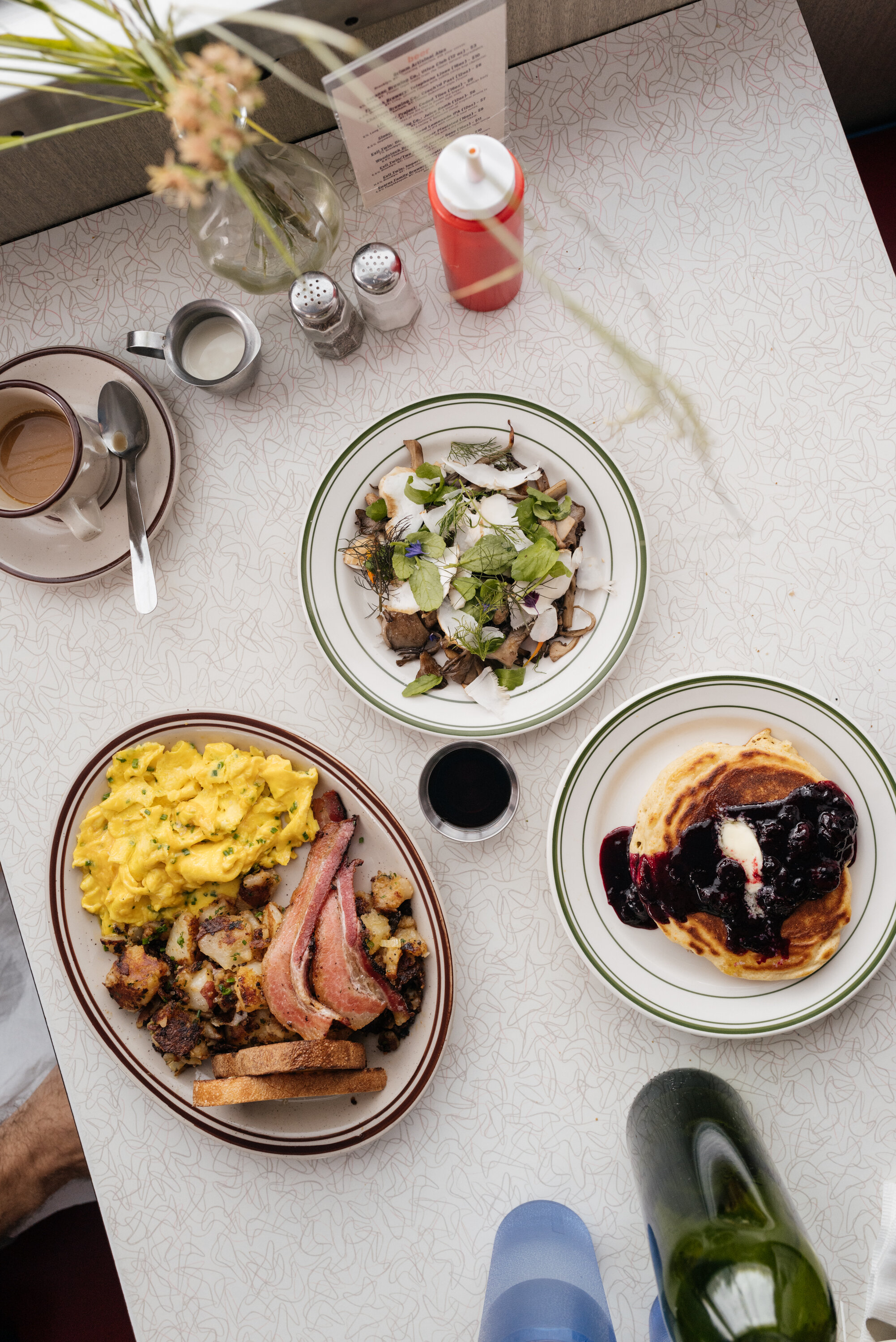  WTD breakfast, cornmeal buttermilk pancakes, and mushroom salad 