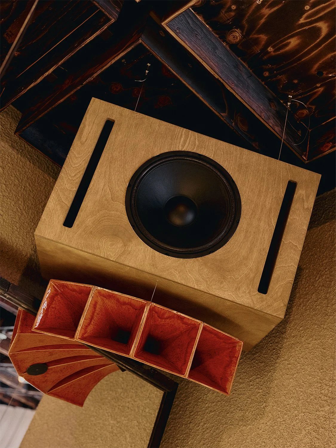 MycoAudio mycelium speaker suspended within Hibahihi restaurant interior