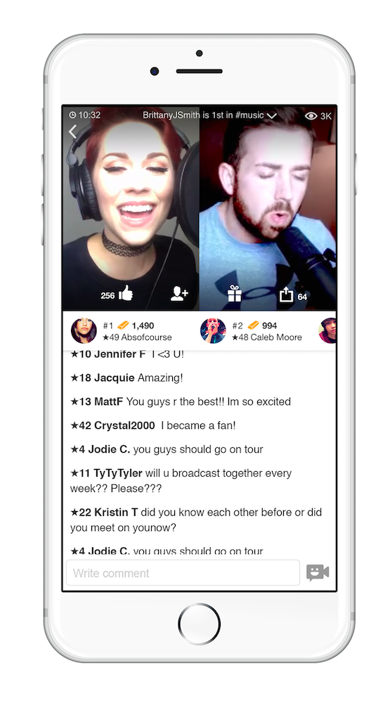 Above : Once a host broadcaster selects a guest, the user is made live next to the host. We decided to split the screen (rather than make the guest smaller within the frame of the broadcast), as we felt it better highlighted the guest & made the interactions more intimate.