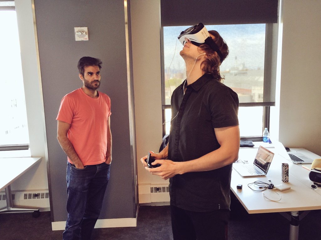 Above: My teammates Rehmat Qadir and Christopher Hill testing out a demo build of the maze. While we could often preview the maze in Unity, there was no replacement for putting on the headset to understand the full user experience.