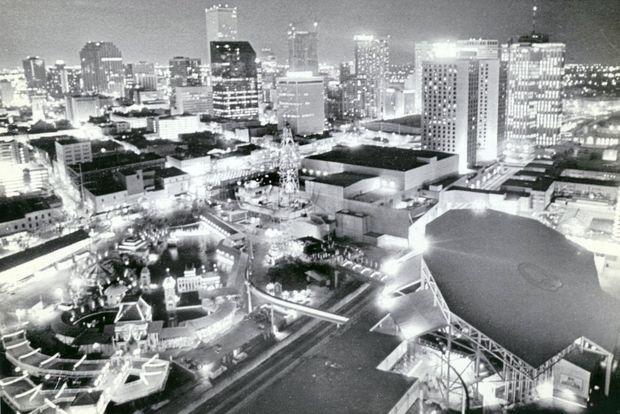 The New Orleans skyline looms behind the 1984 World's Fair, on May 23, 1984. In the lower left is Centennial Plaza, which commemorates the 1884 Cotton Exposition.