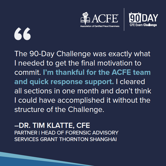 Tim Cade 90-Day CFE Exam Challenge Success Story: Dr. Tim Klatte, CFE ...