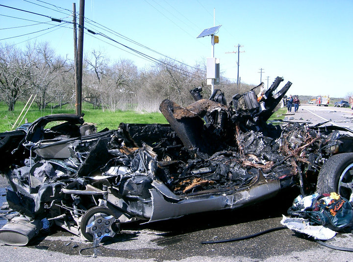  The remains of Tyson's Corvette after being crushed by a cement mixer driven by a distracted driver