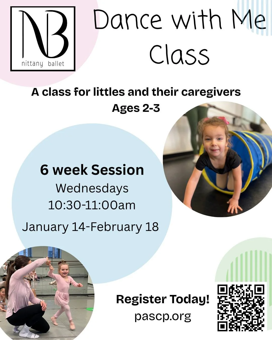 Calling all grown-ups with a 2-3 year old in their life! We have a new session of Dance With Me starting next week! This is a fabulous way to connect with the kiddo in your life. We will dance, sing, do obstacle courses, play with scarves and parachu