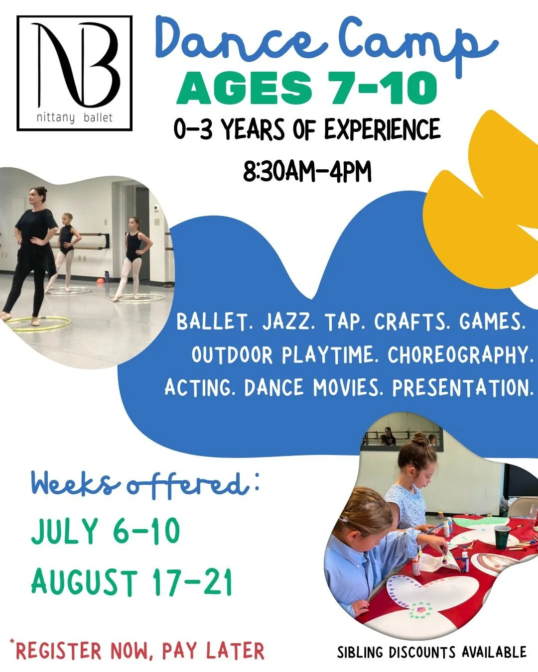 🌞Bust summer boredom with our full day Dance Camp for 7-10year olds.🌞

Combing dance classes 🩰 with crafting 🎨, outside play 🤸&zwj;♀️, theater games 🎭 , and more these weeks are fantastic for students who don't want to sit still this summer! No