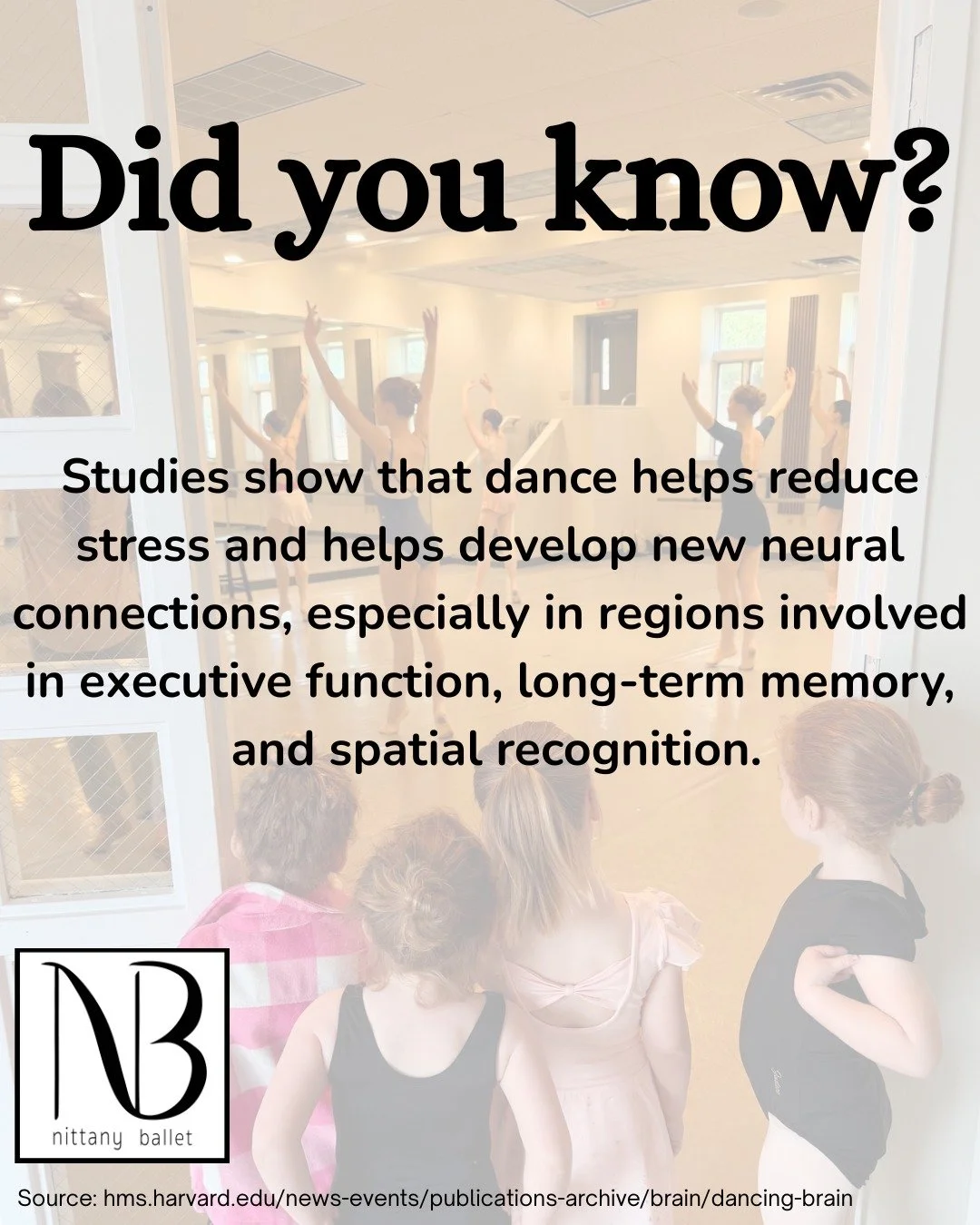 Did you know that studies show dance helps reduce stress and helps develop new neural connections, especially in regions involved in executive function, long-term memory, and spatial recognition. Dance is brain food! 🧠

💫More than just a fun hobby,