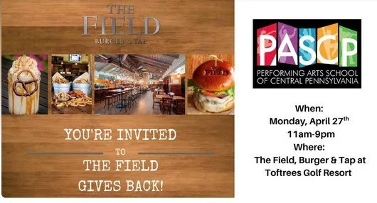 Support youth arts education AND get a delicious meal!! Join us for The Field Gives Back on Monday April 27.  From 11:00 am-9:00 pm, 10% of ALL sales (Dine in/Take out, food AND drinks)  at The Field will be donated to PASCP.
Make plans with friends 