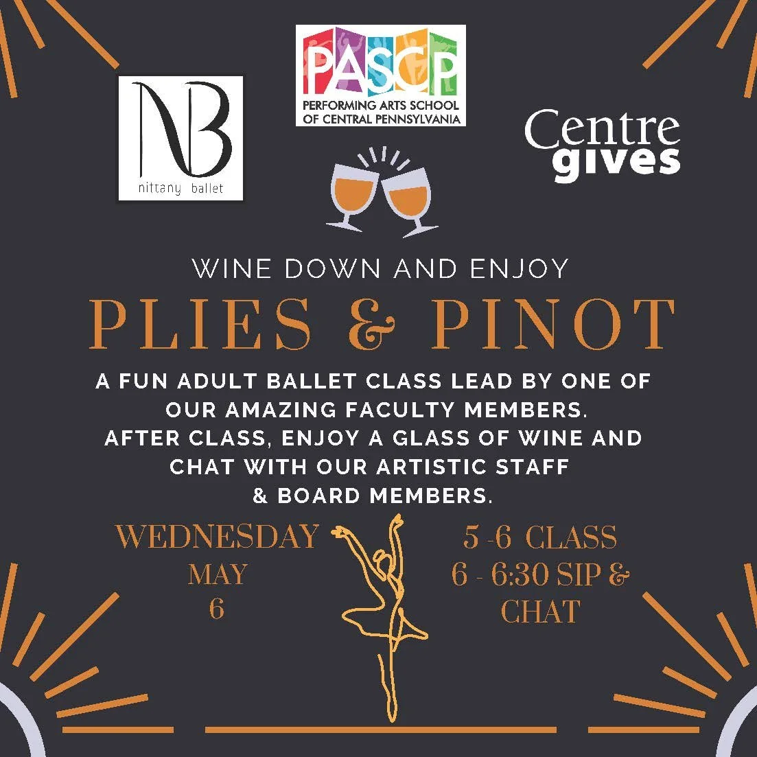 One of our favorite things about #CentreGives is our annual Plies and Pinot event. Come participate in a fun, all-level adult ballet class then enjoy snacks and drinks. If you've ever wanted to give ballet a try in a relaxed atmosphere or learn more 