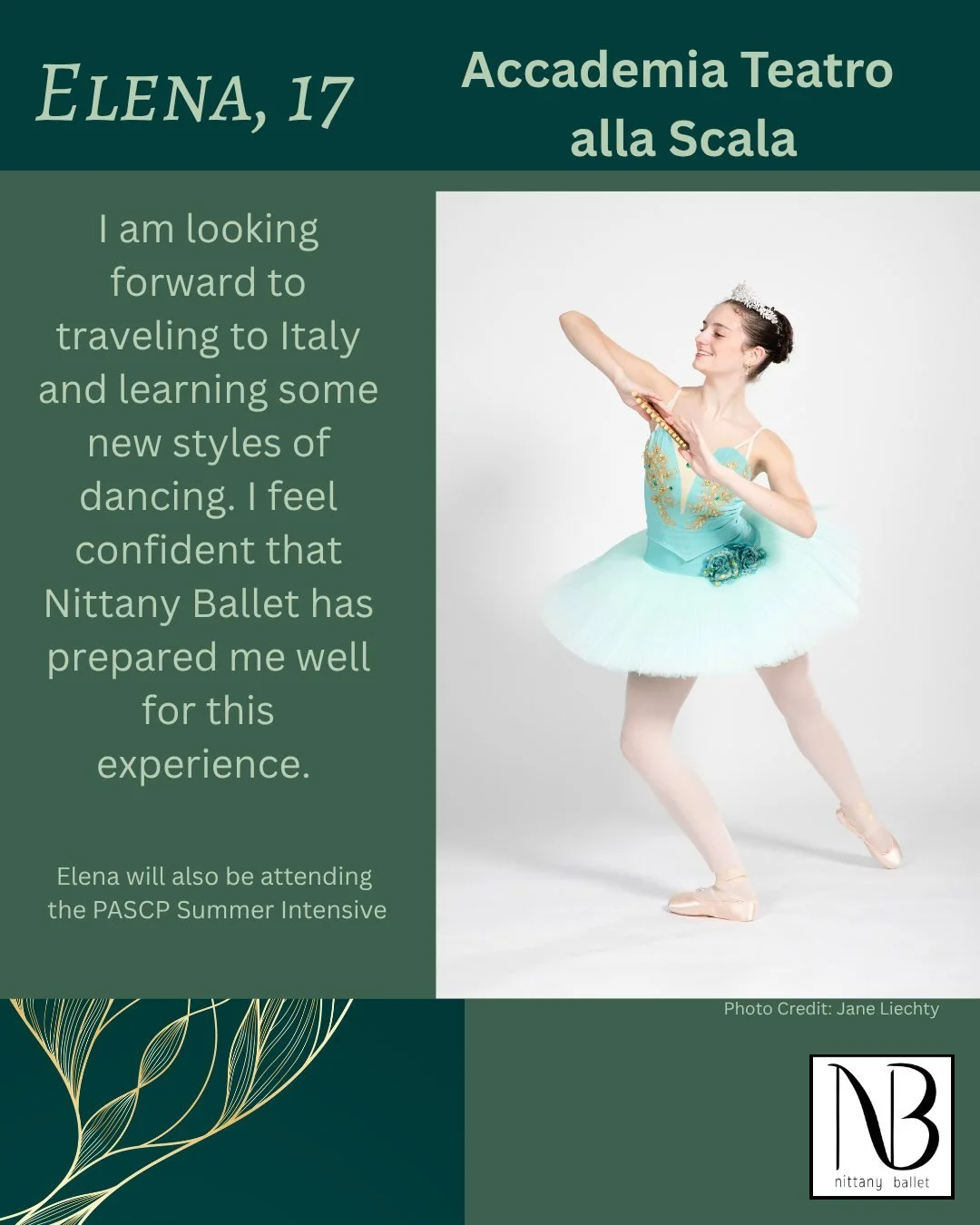 Nittany Ballet dancers are traveling all over the country and the world for their summer training. Complimenti Elena! Enjoy Milan! @accademiascala  #ballet #summerintensives (Photo Credit: @janeliechty )