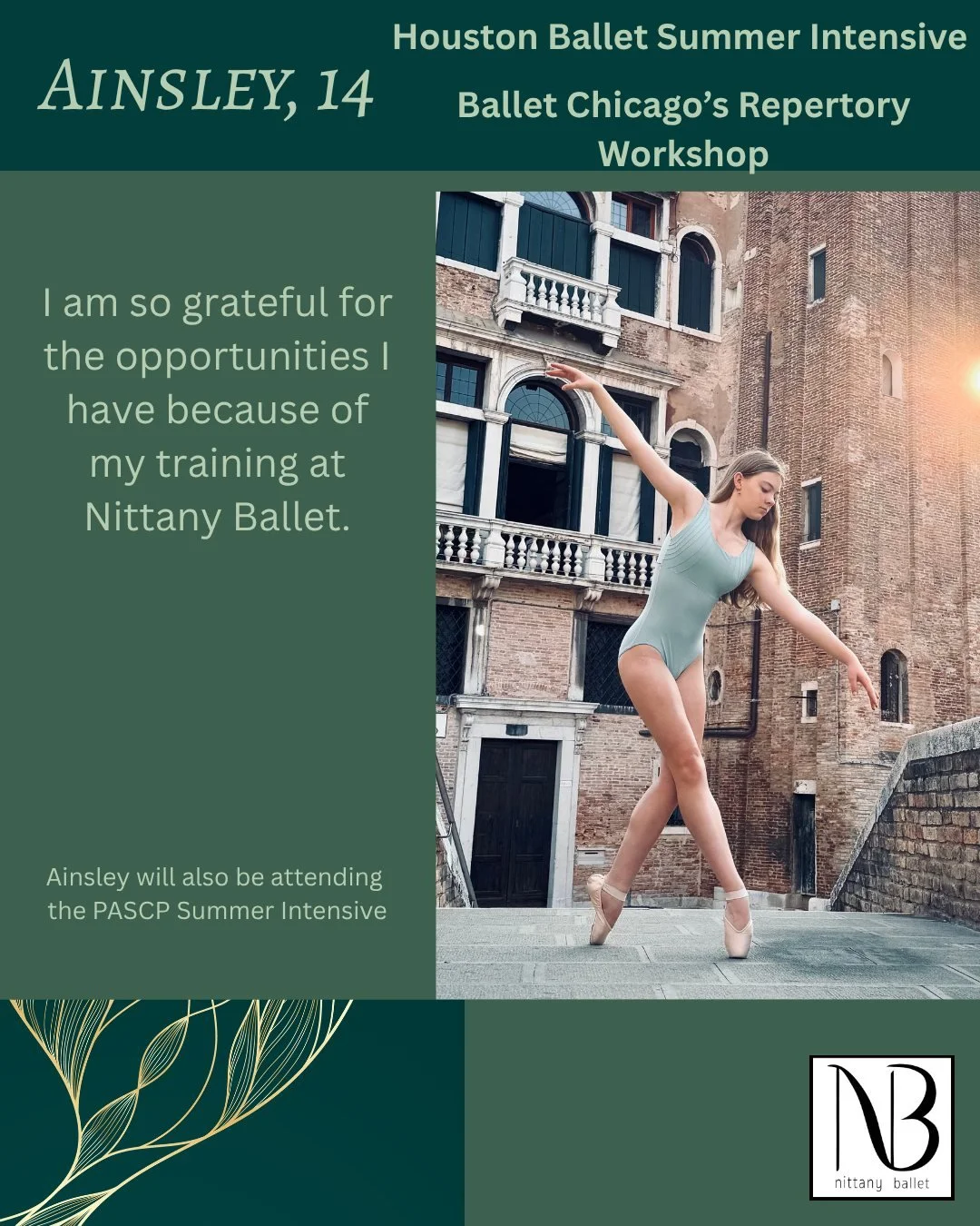 Nittany Ballet dancers are keeping very busy this summer! Congratulations Ainsley! Have fun in Houston and Chicago! #ballet #summerintensive @houstonballetacademy @balletchicago
