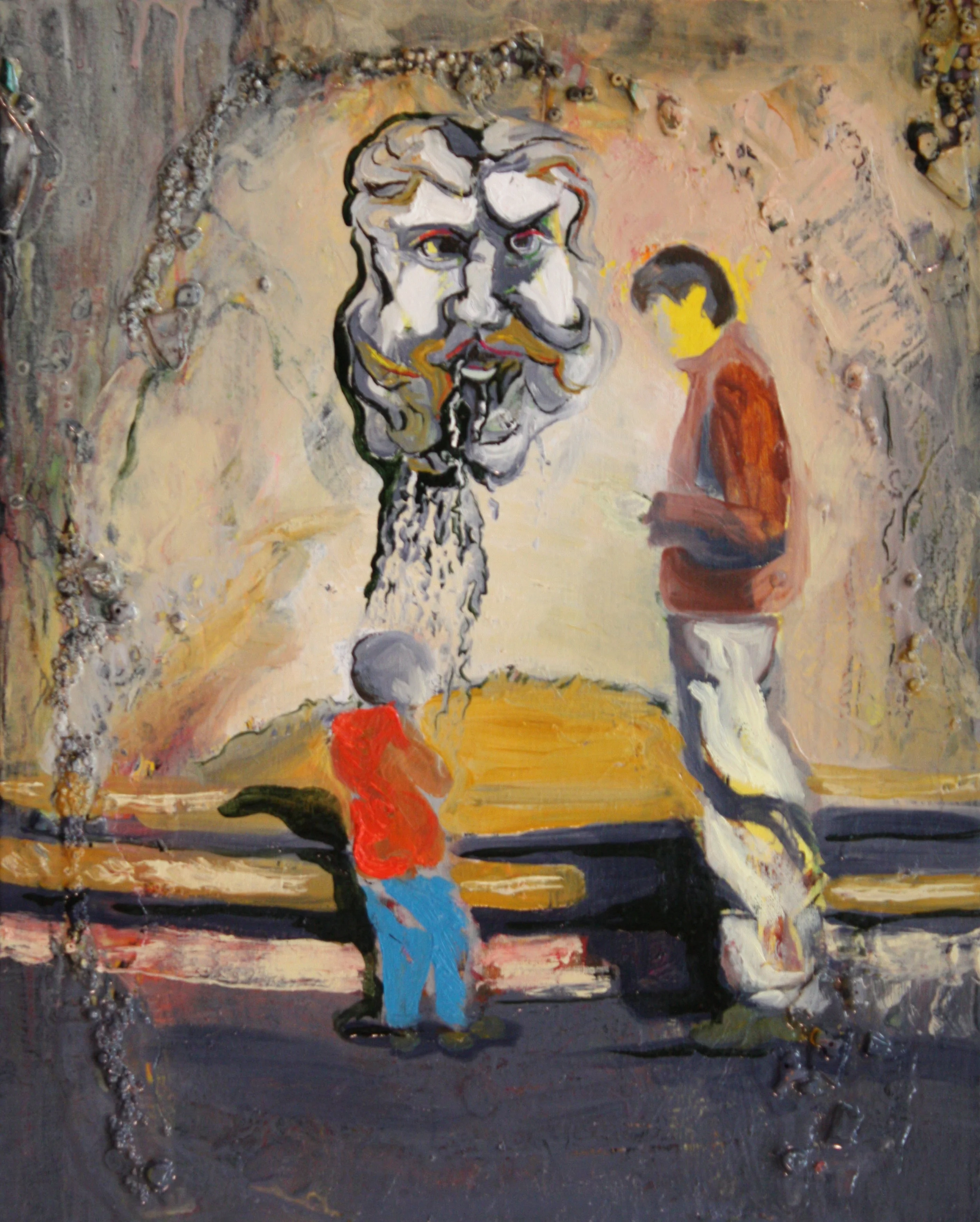  16"x20", oil on canvas with beads, buttons, stones, etc., 2014. 