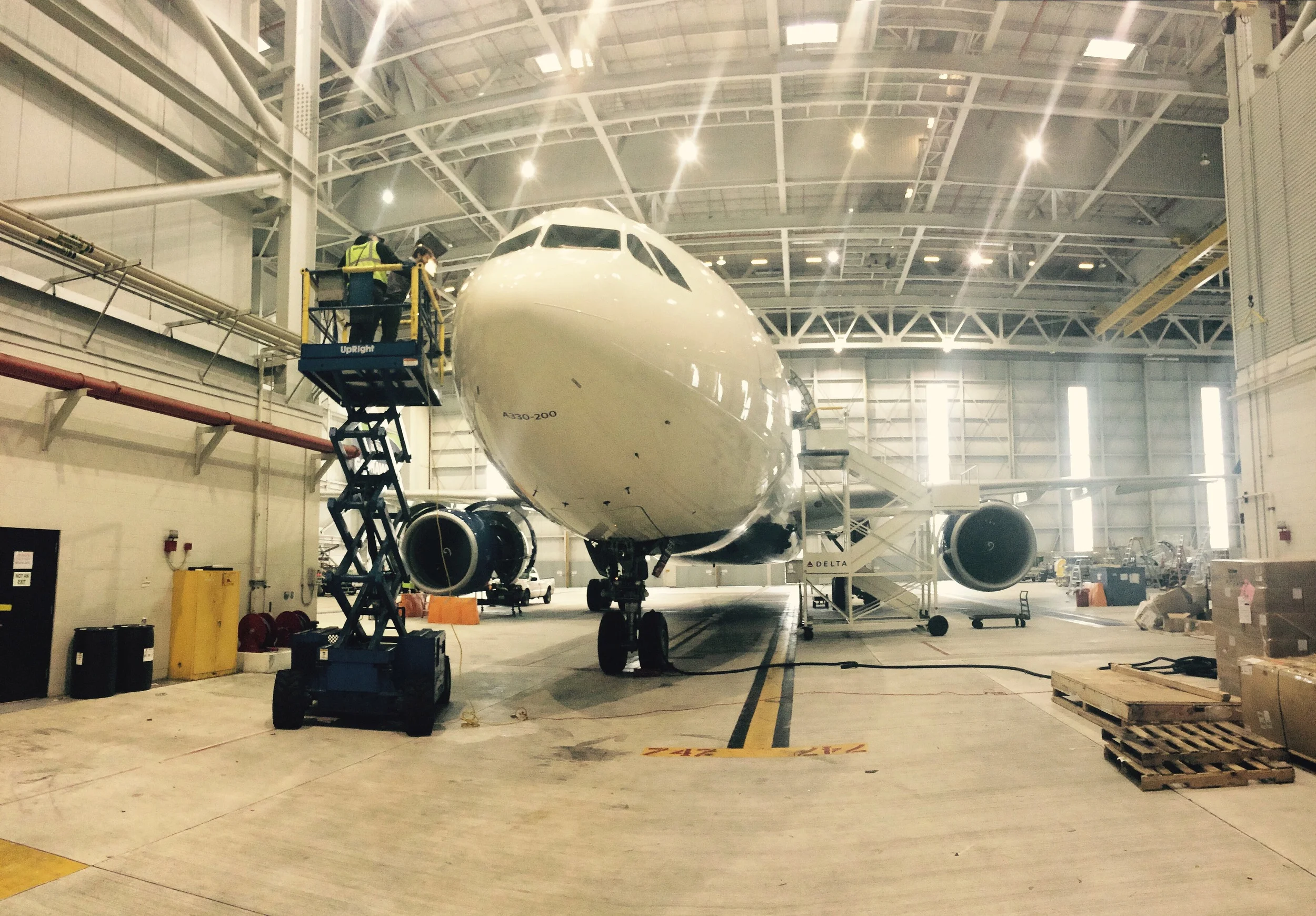 Rigging some lights outside the cockpit. Filming for Delta
