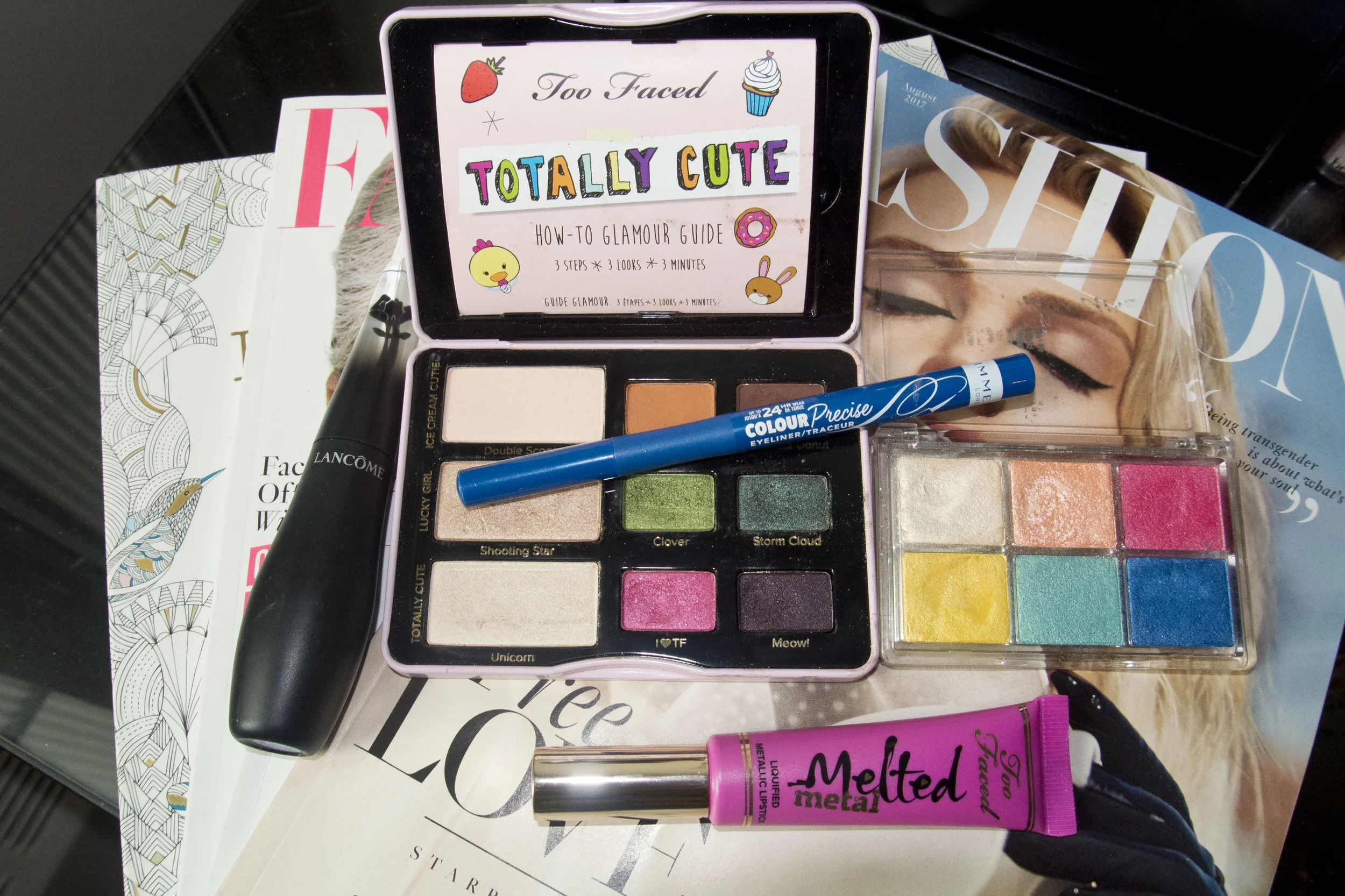 Lancome Grandiose Extreme 003, Too Faced Totally Cute Palette, Essence All About Paradise, Rimmel Colour Precise & Too Faced Melted Metallic Dream House