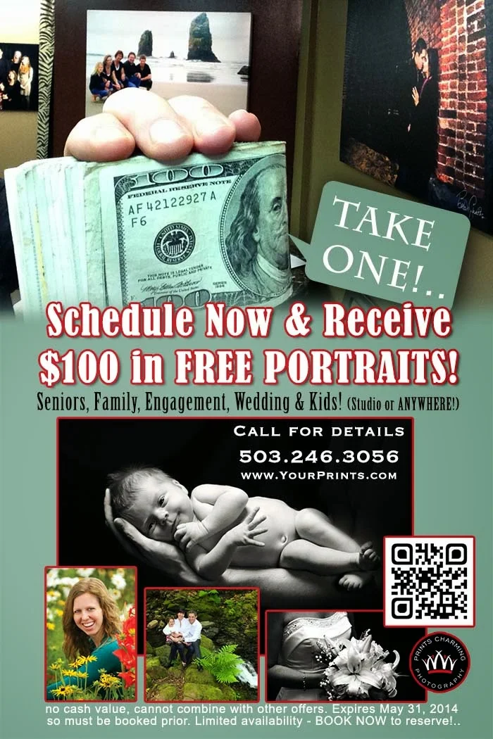 Just to make sure it's affordable for you to jump in your own, we're giving you $100 toward ANY portrait service! (and you don't even need to print/bring this in - just mention the deal when you book BEFORE May 31, 2014 and it's yours!) Call for details.